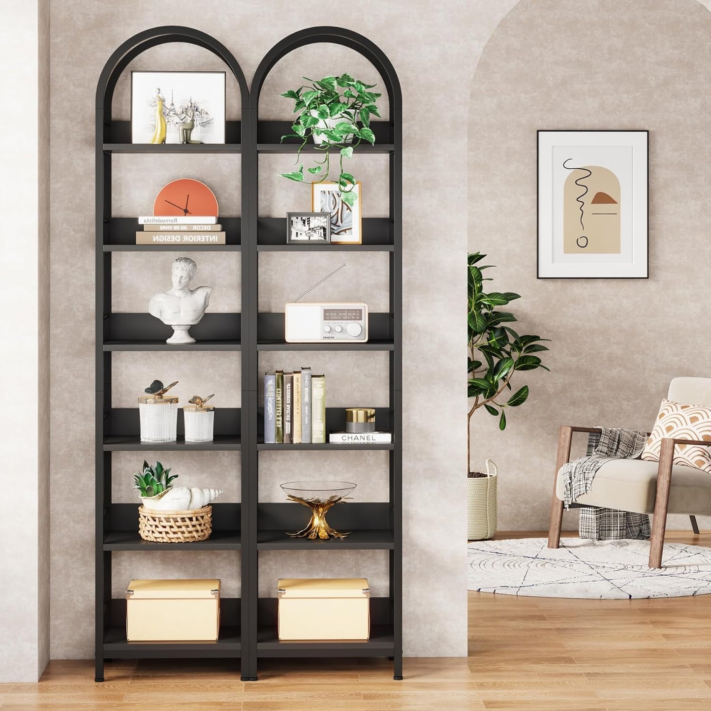 LITTLE TREE 6-Tier Open Bookshelf Set 2, Freestanding 78.7" Tall Arched Bookcase, Black Wooden Bookshelf with Metal Frame, Narrow Bookcase Display Shelves for Living Room, Bedroom, Office