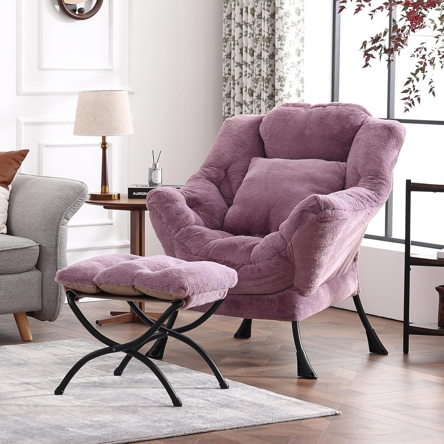 Lazy Chair with Ottoman, Reading Chair with a Pillow, Leisure Sofa Armchair with Ottoman, Large Accent Lounge Chair for Bedroom, Living Room, Dorm Room, Plush Purple