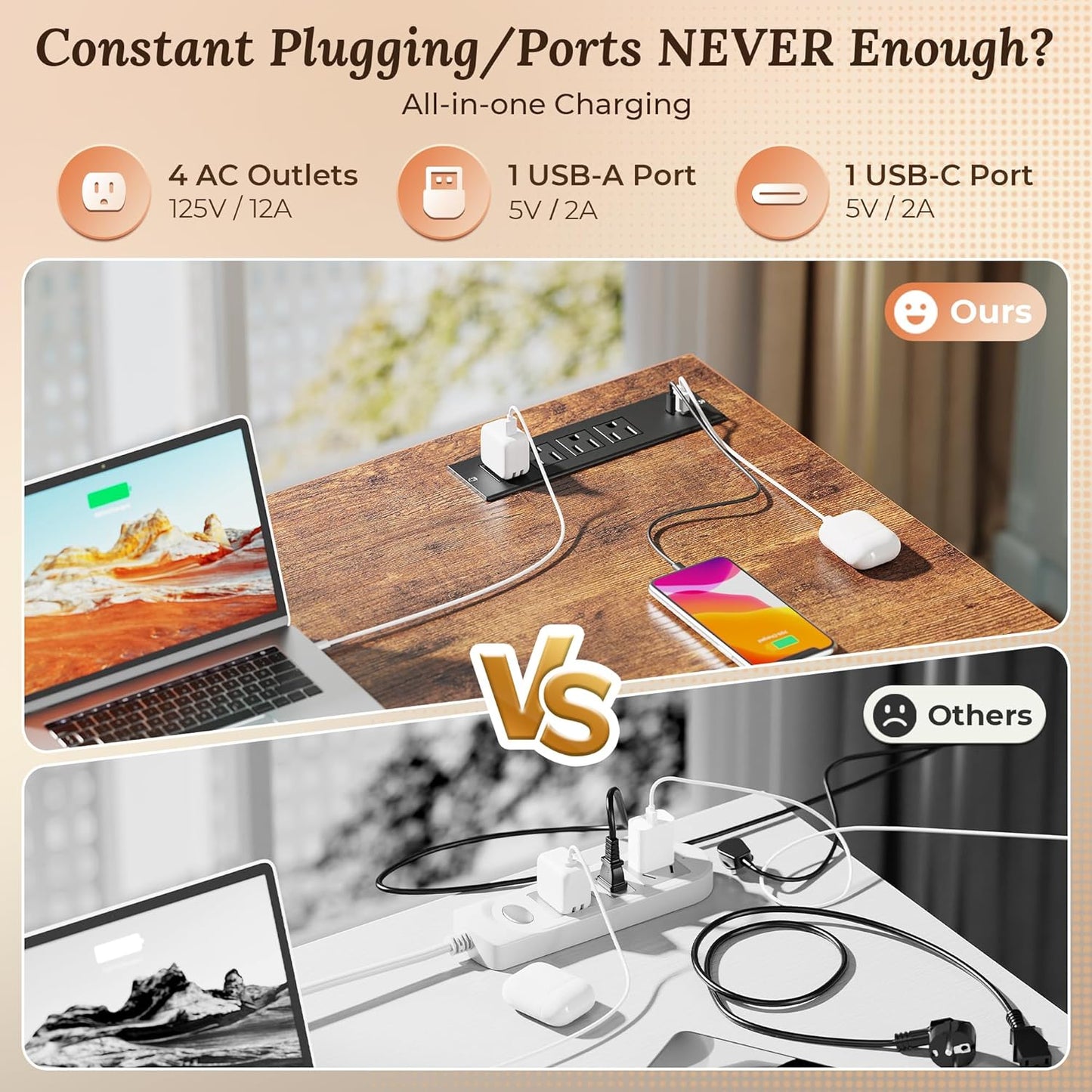 PRAISUN 47 Inch Office Desk with Outlets, Computer Desk with 9 Fabric Drawers, Writing Gaming Work Study Desk for Bedroom, Living Room, Home Office, Large Storage, Rustic Brown