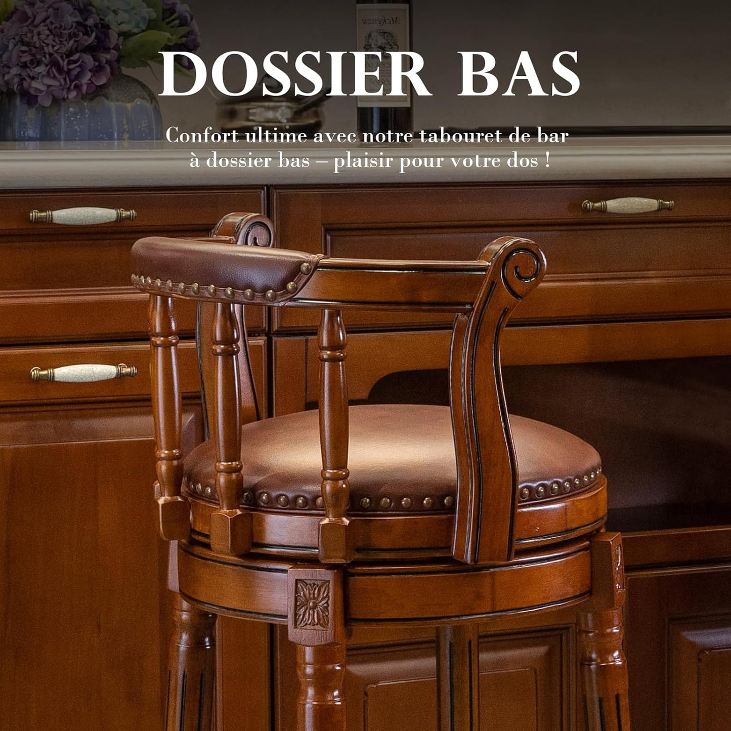 Cow top Leather Wooden Bar Stools, 360 Degree Swivel Bar Height Chair with Backs for Home Kitchen Counter, Morden Chair Barstools (Brown 1pc, Counter Height-Seat Height 26”)