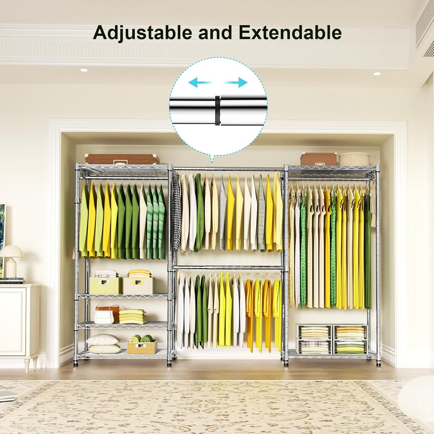 Ulif E1 Heavy Duty Closet Garment Rack, 6 Tiers Adjustable Metal Freestanding Expandable Clothing Storage with 4 Hanger Rods, Easy to Assemble Wardrobe, 71.4" H x (70" - 88.2") L x 14" D, Chrome