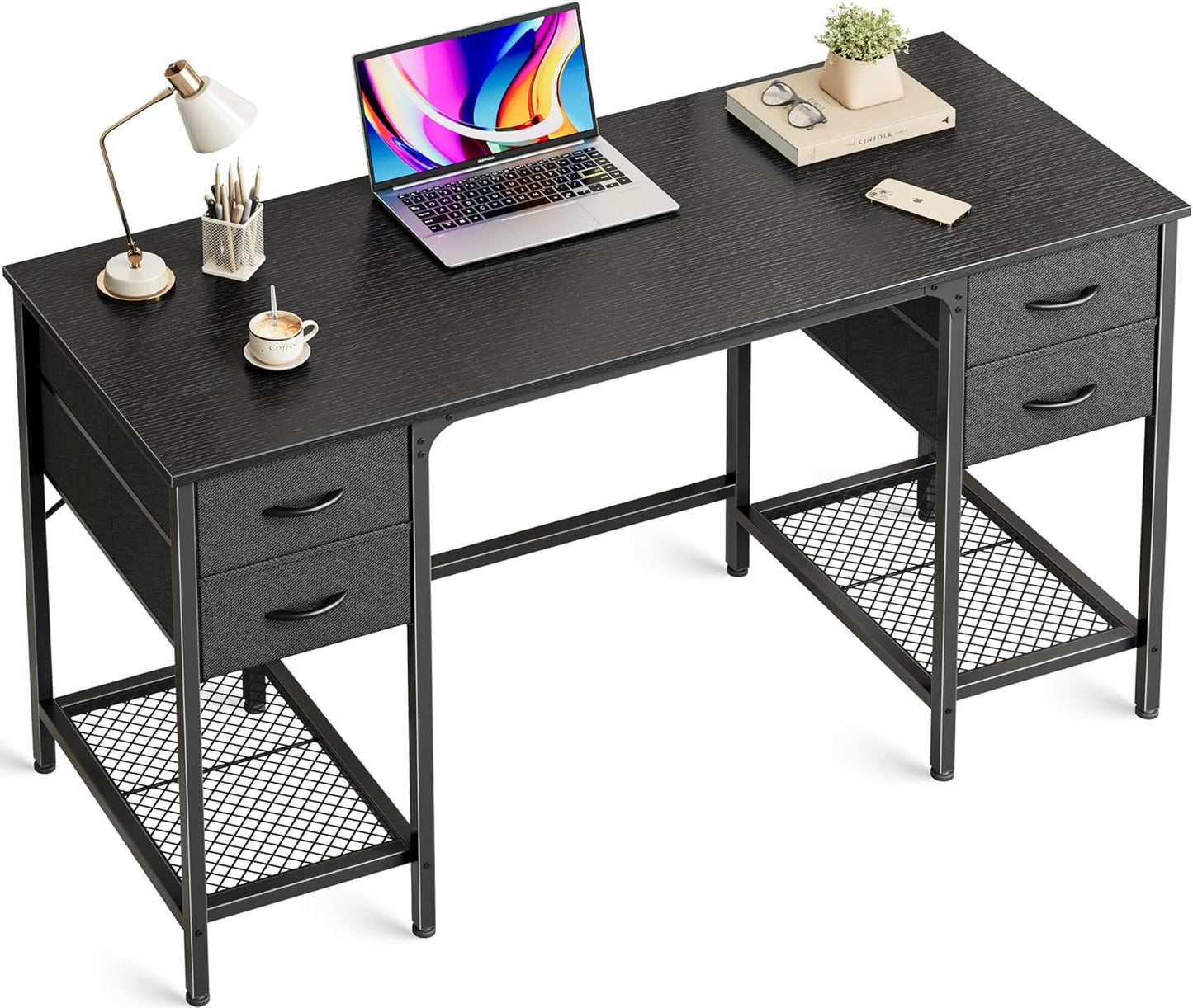 Huuger 47 Inch Computer Desk with 4 Drawers, Office Desk with Mesh Shelf, Gaming Desk, Large Storage, Writing Work Desk for Home Office, Study, Bedroom, Work from Home, Black