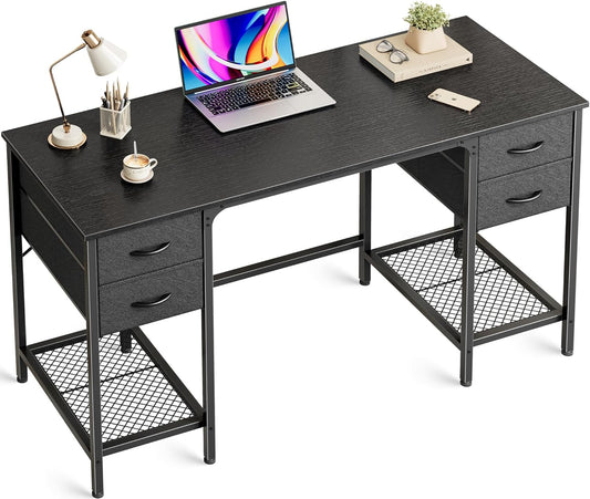 Huuger 47 Inch Computer Desk with 4 Drawers, Office Desk with Mesh Shelf, Gaming Desk, Large Storage, Writing Work Desk for Home Office, Study, Bedroom, Work from Home, Black