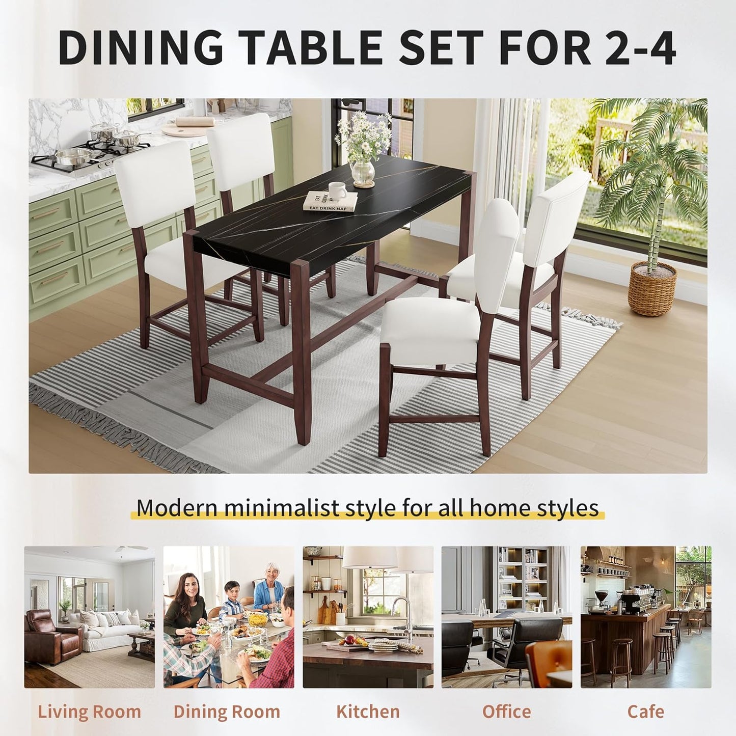Ball & Cast 5-Piece Dining Table Set for 4,Kitchen Table Set W/Faux Marble Bar Table,Counter Height Living Room Furniture W/ 4 Upholstered Chairs,for Dining Room,Pub Kitchen,Small Place,Black+Beige