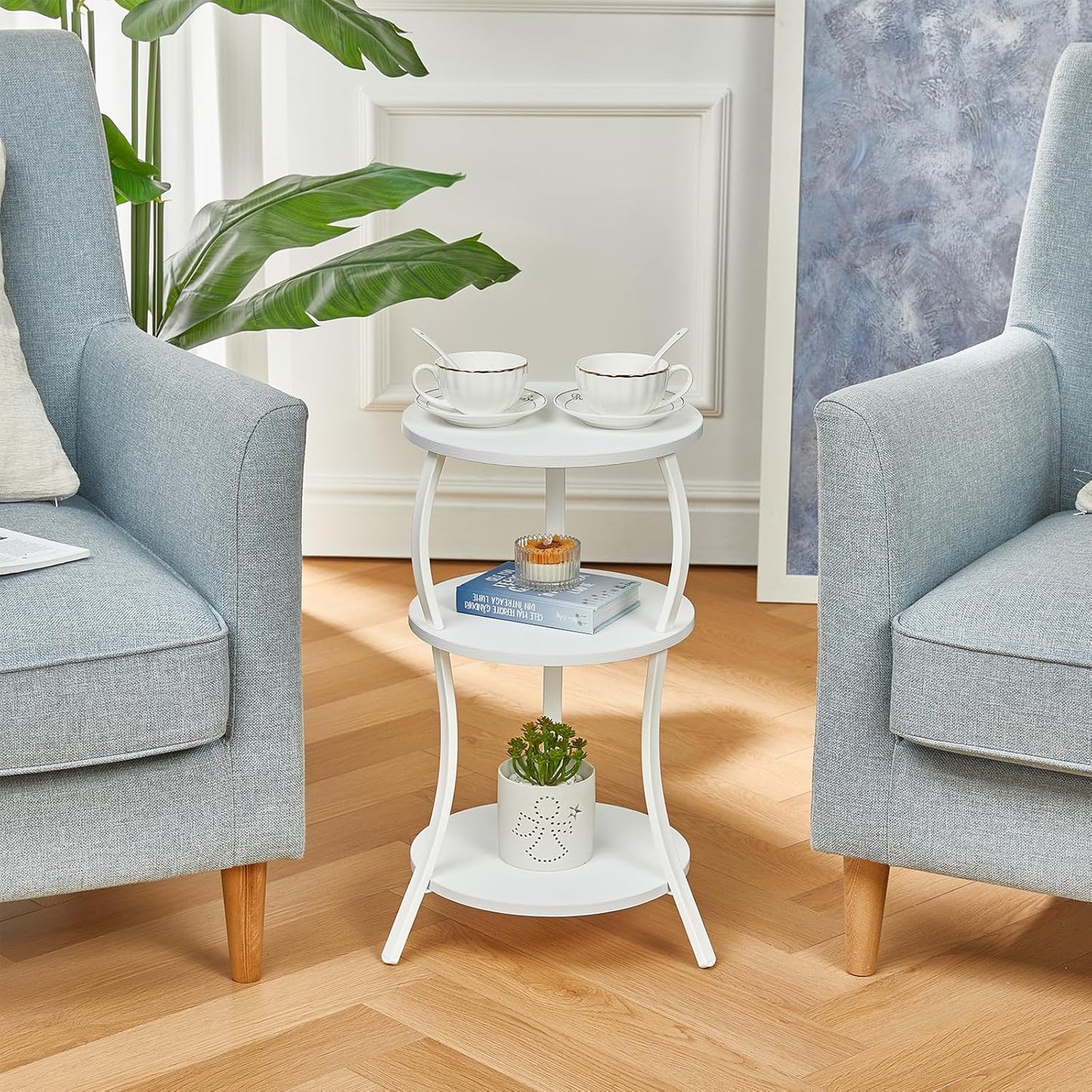 Vintage Small Round Side Table, 3-Tier Slim Waist Circular End Table with Storage Shelf, Compact Tea Sofa Table, Round Corner Coffee Table Nightstand for Living Room Bedroom Small Spaces,White