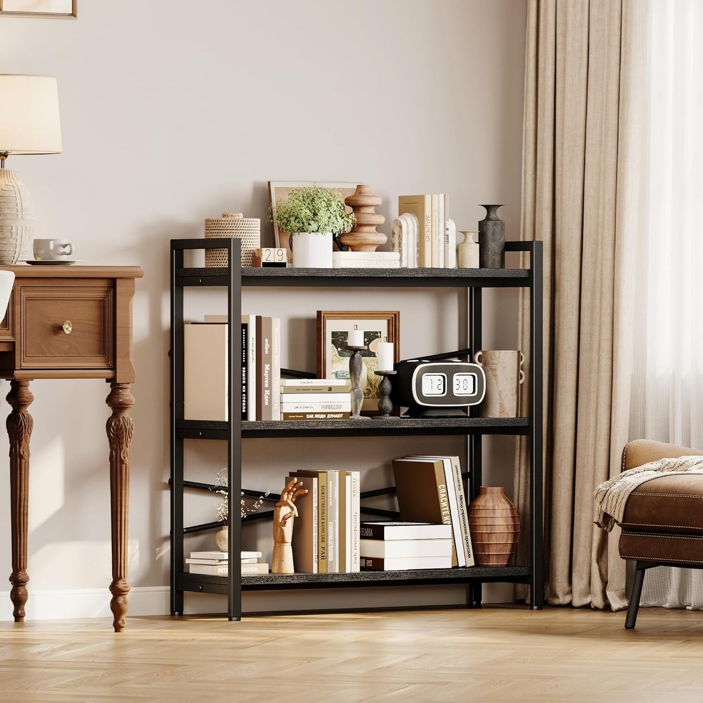 Book Shelf, 3 Tier Bookshelf 31.49" Width, Book Shelf Storage and Organization, Wooden and Metal Industrial Bookcase, Large Book Shelves for Home Living Room Bedroom Office Storage(Black)