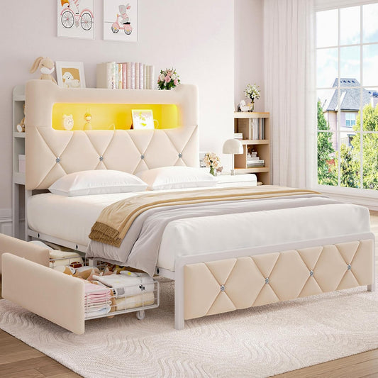 Queen Upholstered LED Bed Frame with 2 Storage Drawers and 2-Tier Storage Headboard,Velvet Princess Platform Bed with Charging Station & Bookcase, Corner Bed Frame, Heavy Duty Metal Support, Beige