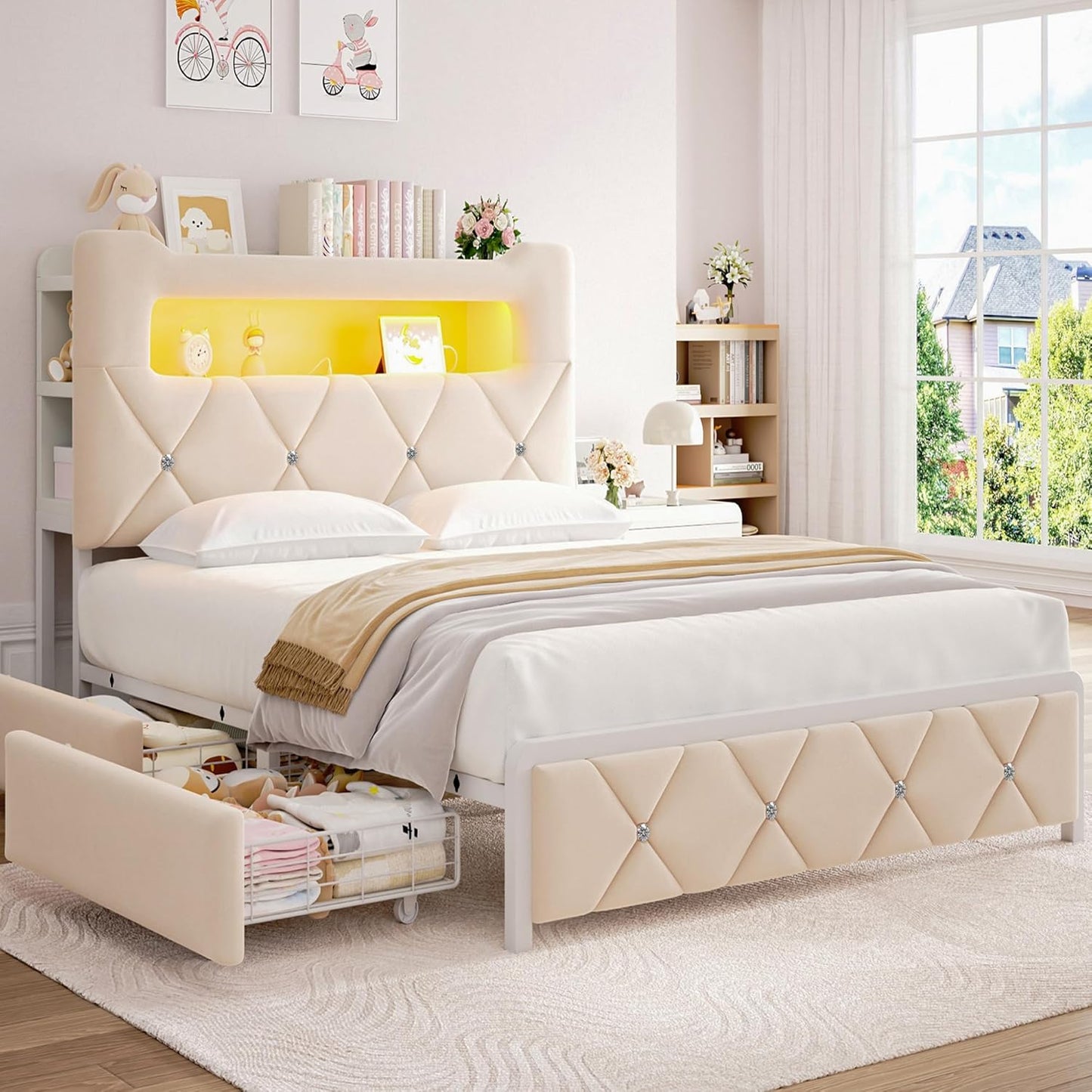 Full Upholstered LED Bed Frame with 2 Storage Drawers and 2-Tier Storage Headboard, Velvet Princess Platform Bed with Charging Station & Bookcase, Corner Bed Frame, Heavy Duty Metal Support, Beige