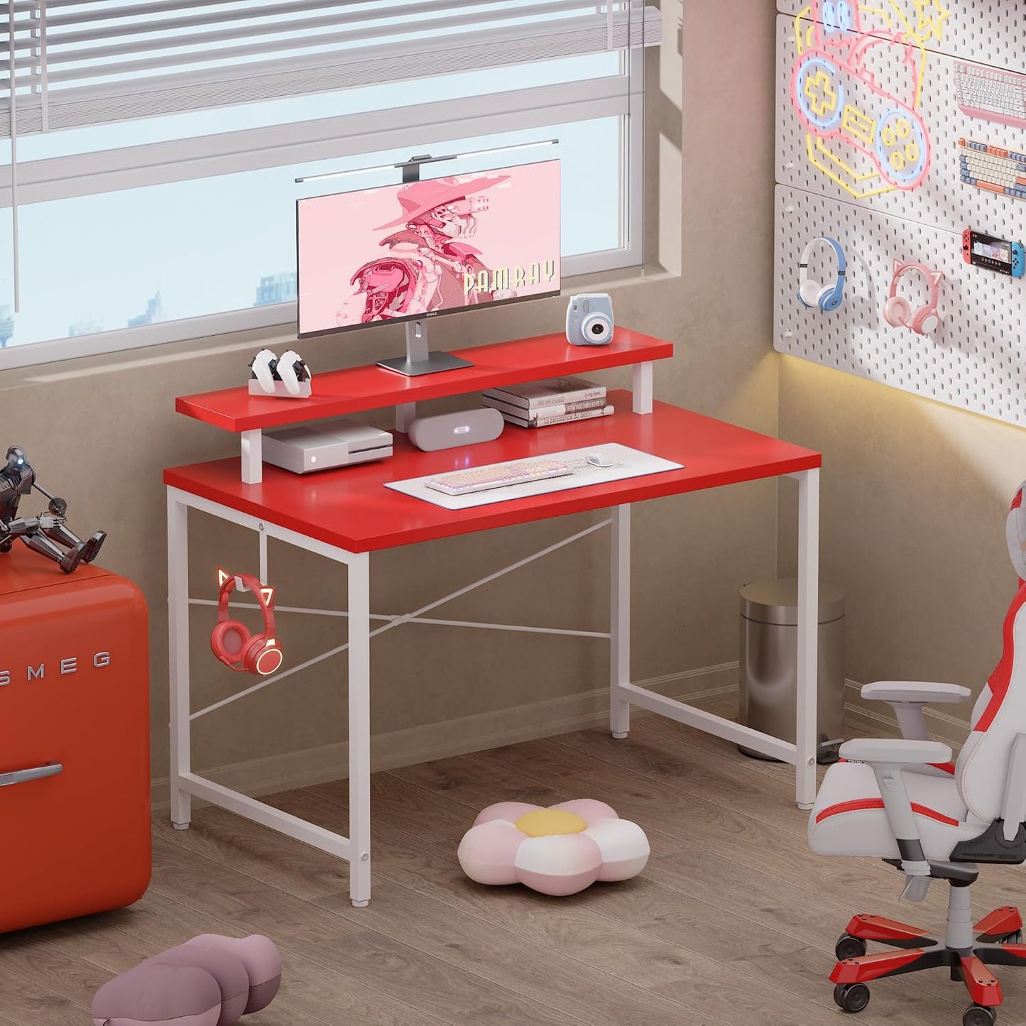 Pamray 32 Inch Small Computer Desk with Monitor Stand, Simple Office Desk with Headphone Hook for Small Spaces, Kids Study Writing Table for Bedroom, Red