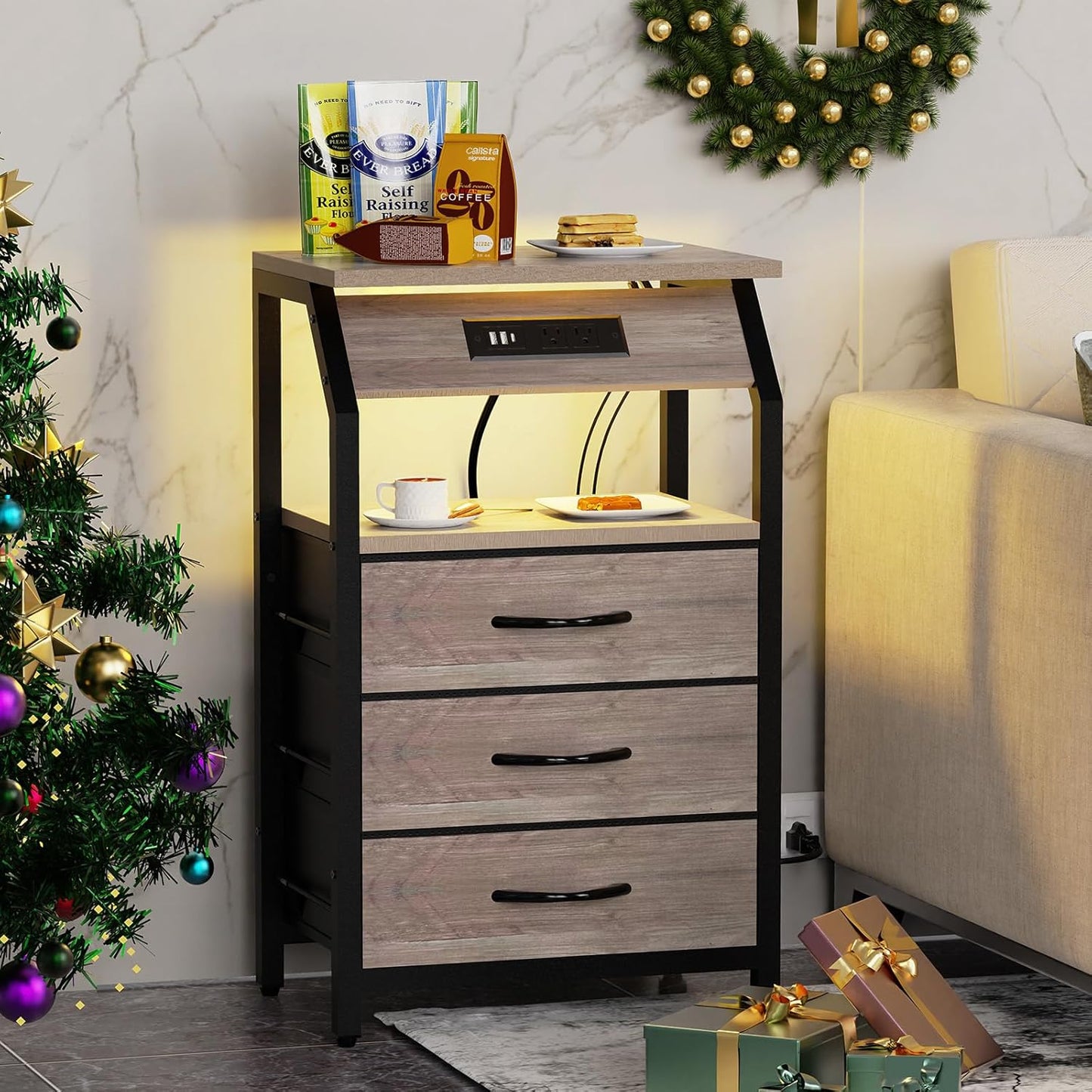 End Table with 3 Drawers, Night Stand with Charger Station and LED Lights, Small Nightstand with Fabric Storage, Farmhouse Side Table for Bedside, Living Room, Dorm, Greige