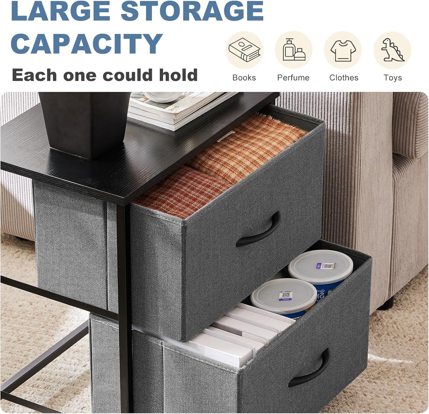 DUMOS Nightstand Small Dresser with 2 Fabric Drawers Side Bedroom End Table Kids Bedside Storage Furniture for 20 inch Tall Night Stand for Closet, Entryway, College Dorm, Grey