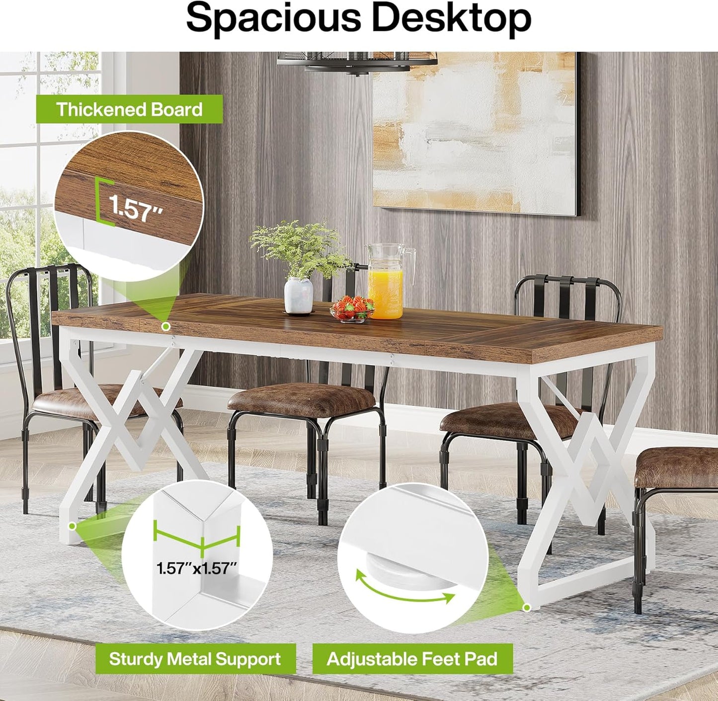 Tribesigns 63 Inch Executive Desk, Large Office Desk with Metal Frame, Ergonomic Writing Desk Computer Workstation, Modern Wood Computer Desk for Home Office, Easy Assembly (Brown+White)