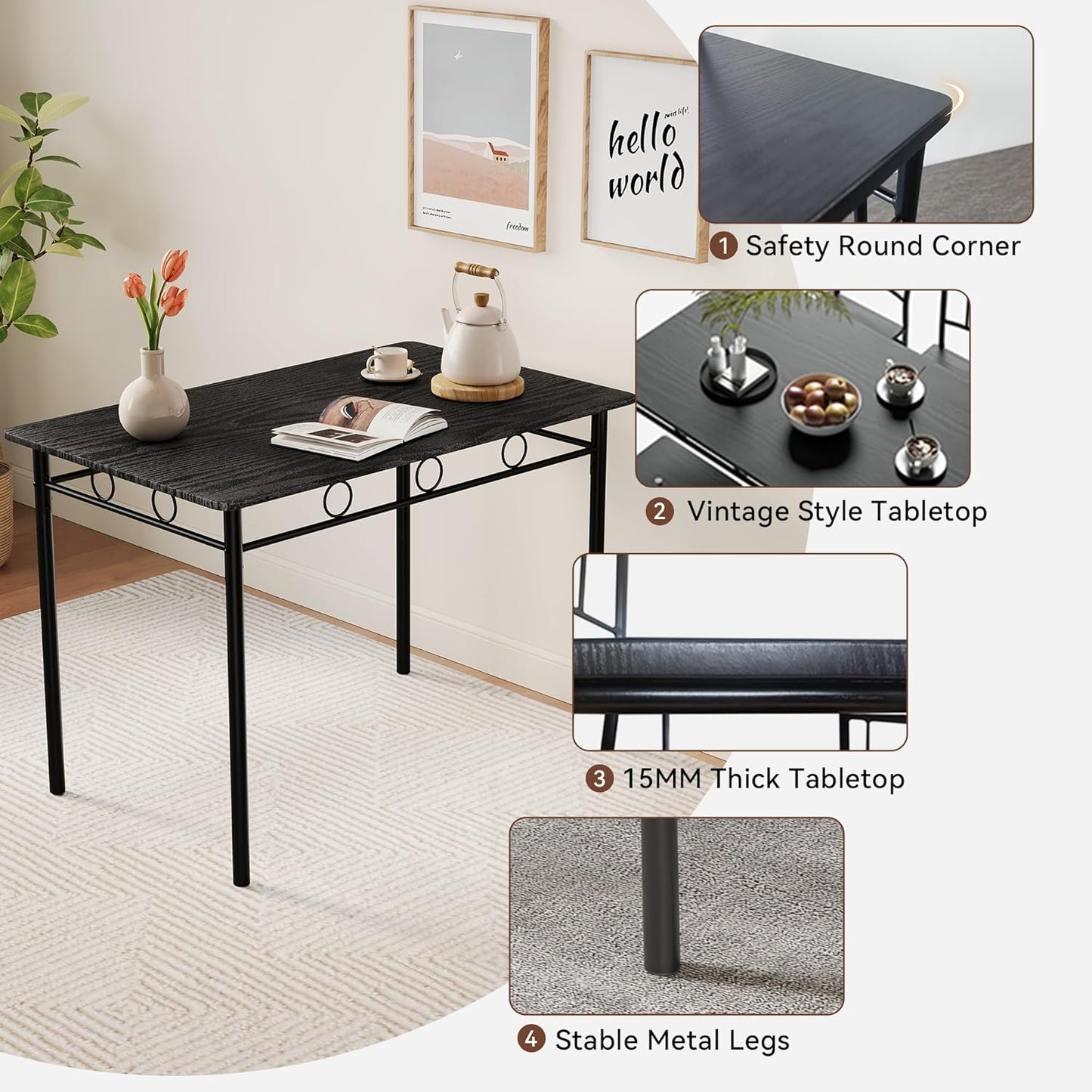 Vipbear Kitchen Dining Table Set for 4, 5-Piece Kitchen Table Set,Dining Room Table Sets,Rectangular Kitchen Table Set with 4 Chairs for Small Space, Dinette,Apartment,Rustic Black