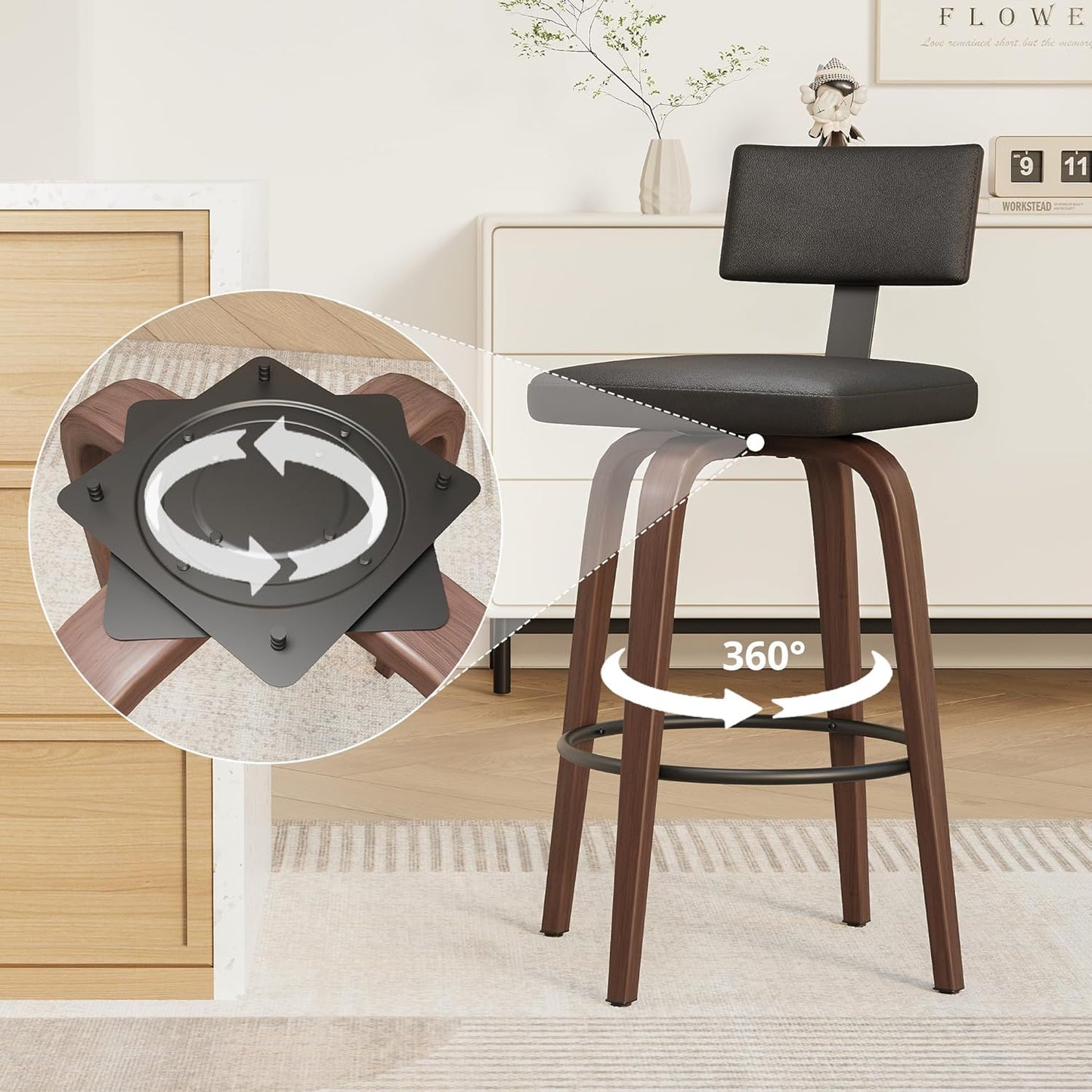 IRONCK Counter Height Bar Stools Set of 2, 29'' Faux Leather Upholstered Barstools with Back, Footrest, Wood Texture Bent Legs, Mid-Century Modern 360° Swivel Bar Stools for Kitchen Island, Black