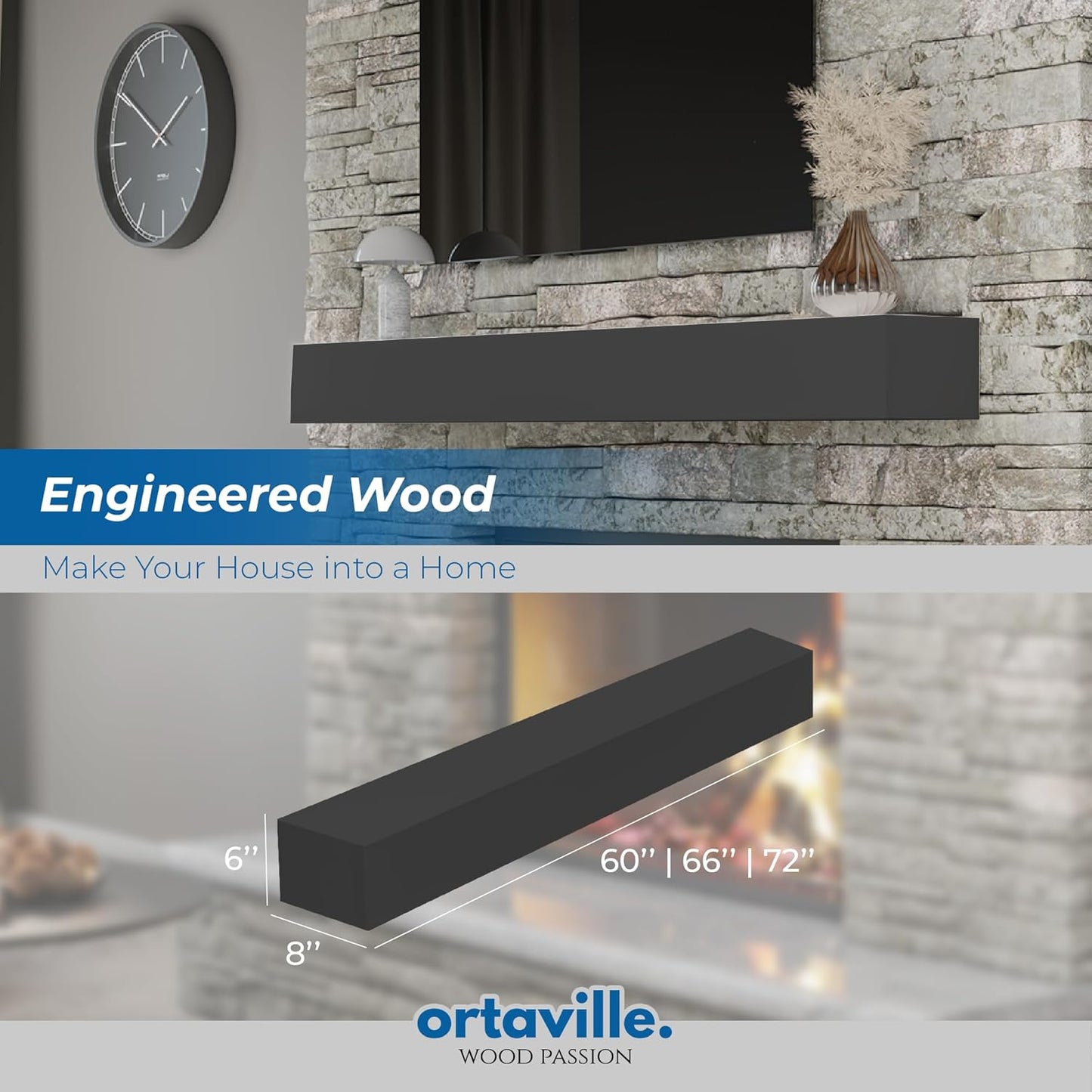 60" Floating Mantel Shelf - Modern White Fireplace Mantel with Matte Lacquer Finish for Living Room Elegance (60", Slate Grey)