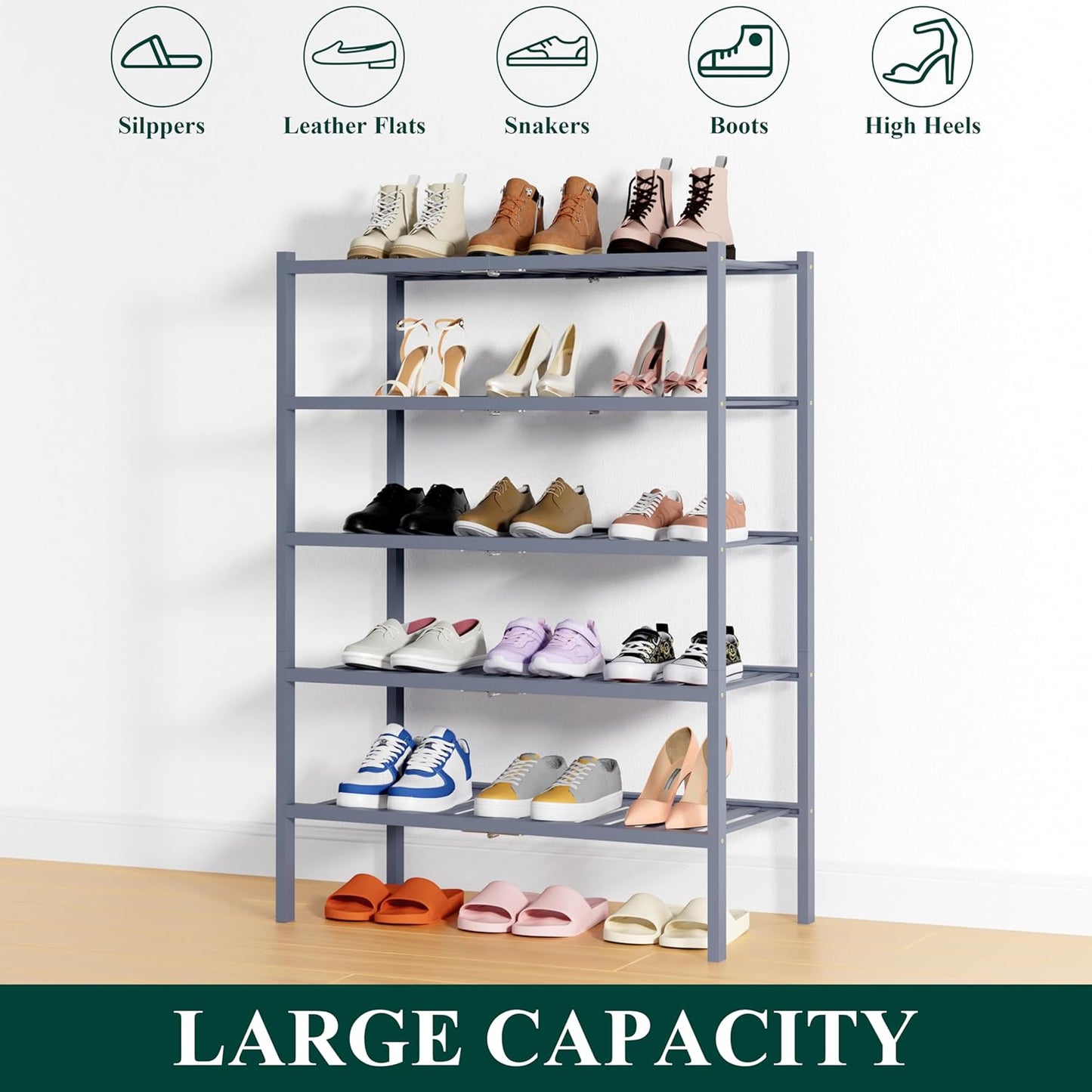 Smiry Shoe Rack, 5 Tier Thick Bamboo Shoe Organizer, Stackable Free Standing Wooden Shoe Storage Shelf for Closet, Entryway, Front Door Entrance, Grey