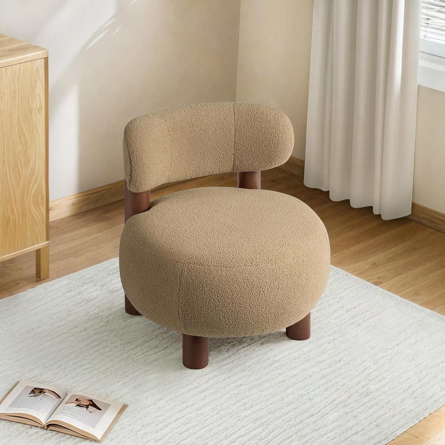 Modern Boucle Accent Chair Set of 2, with Plush Faux Sherpa Upholstery, Curved Backrest, Solid Wood Legs for Living Room Bedroom Reading Nook, 27.5", Camel