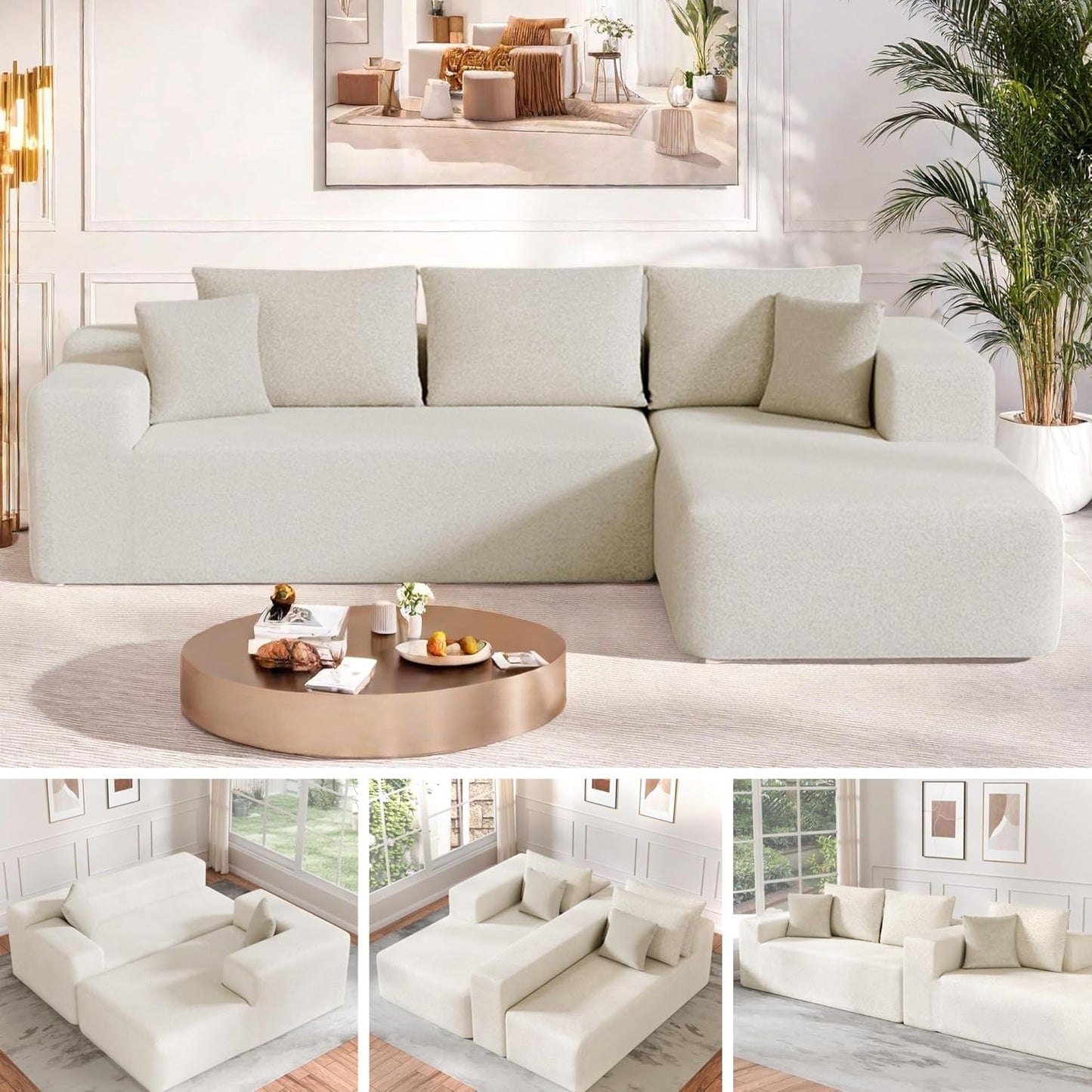 Cloud Sectional Couch, 104”L-Shape Oversized Sofa with Left Chaise Lounge, Modular Sleeper Couch with Pillows & Deep Seat, Rain Drop Velvet Fabric Compressed Sofa for Living Room, Beige