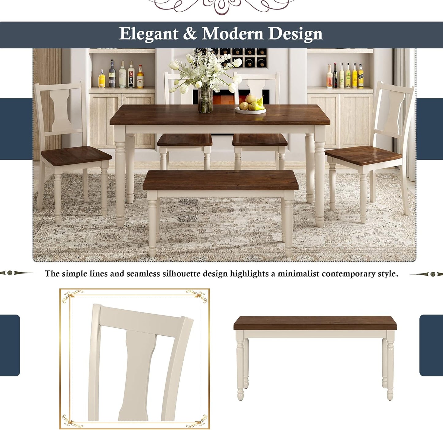 6 Pieces Dining Table Set with 60" Rectangle Kitchen Desk,Living Room Furniture W/ 4 Concave Arc Chairs & 1 Bench,for Restaurant,Home Bistro,Brown+Cottage White