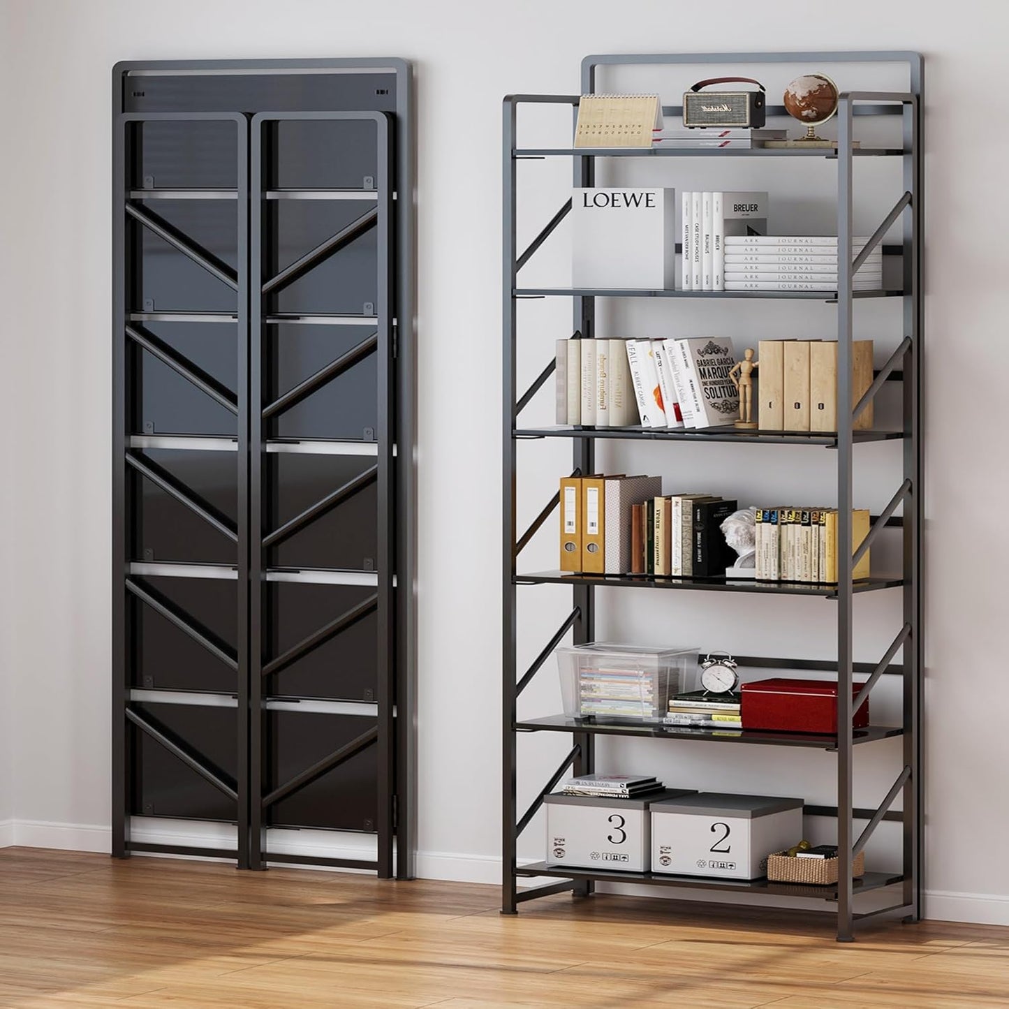 JSB No Assembly Folding Bookshelf, 6 Tier Industrial Metal Book Shelf for Storage, Vintage Wood Foldable Bookcase for Living Room, Bedroom, Office Organization Shelves