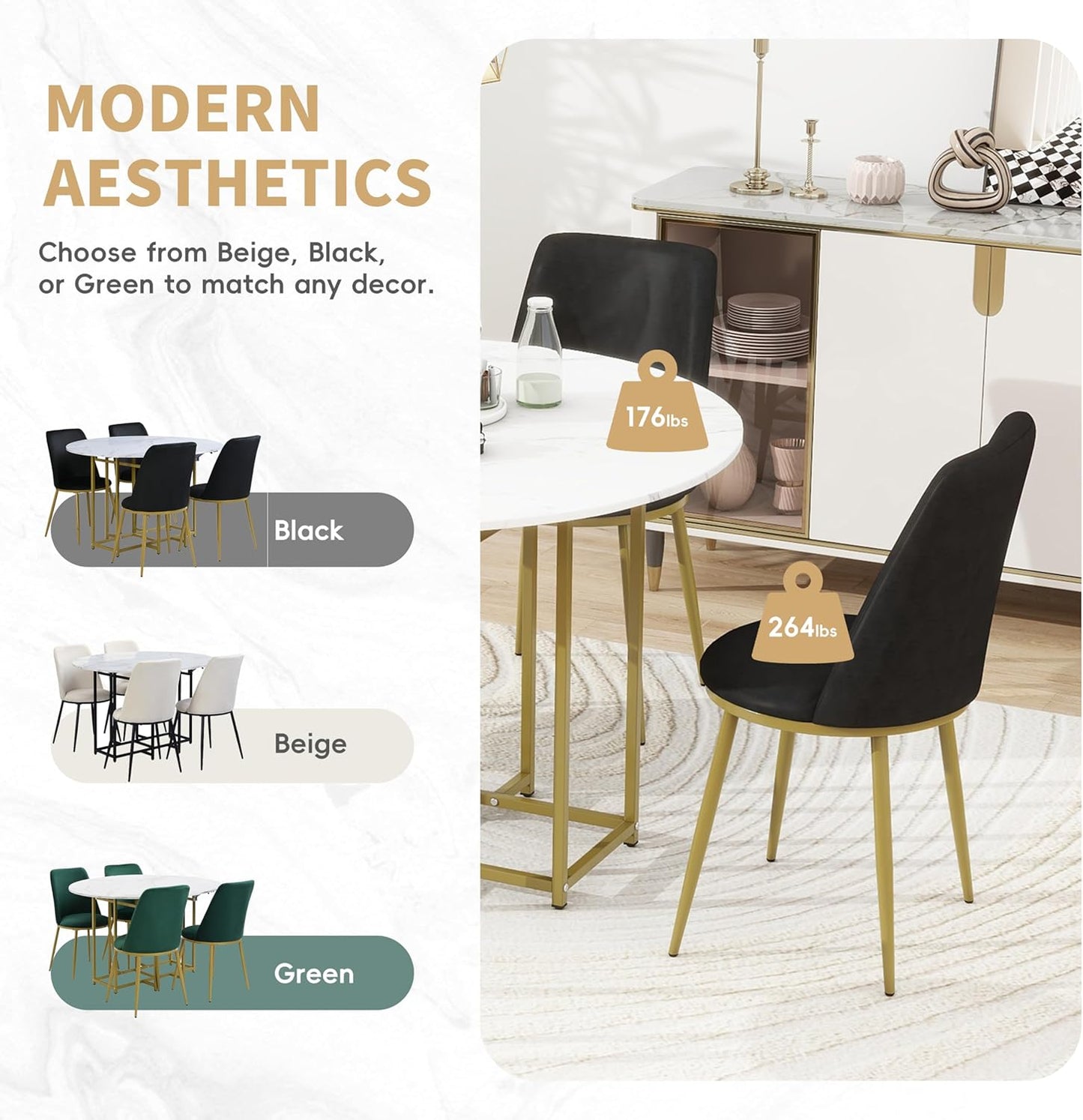 Ball & Cast Space-Saving 5-Piece Extendable Kitchen Dining Table Set w/ 4 Upholstered Chairs,Round Faux Marble Top with Golden Frame,Compact Foldable Design,for Small Spaces,White+Black