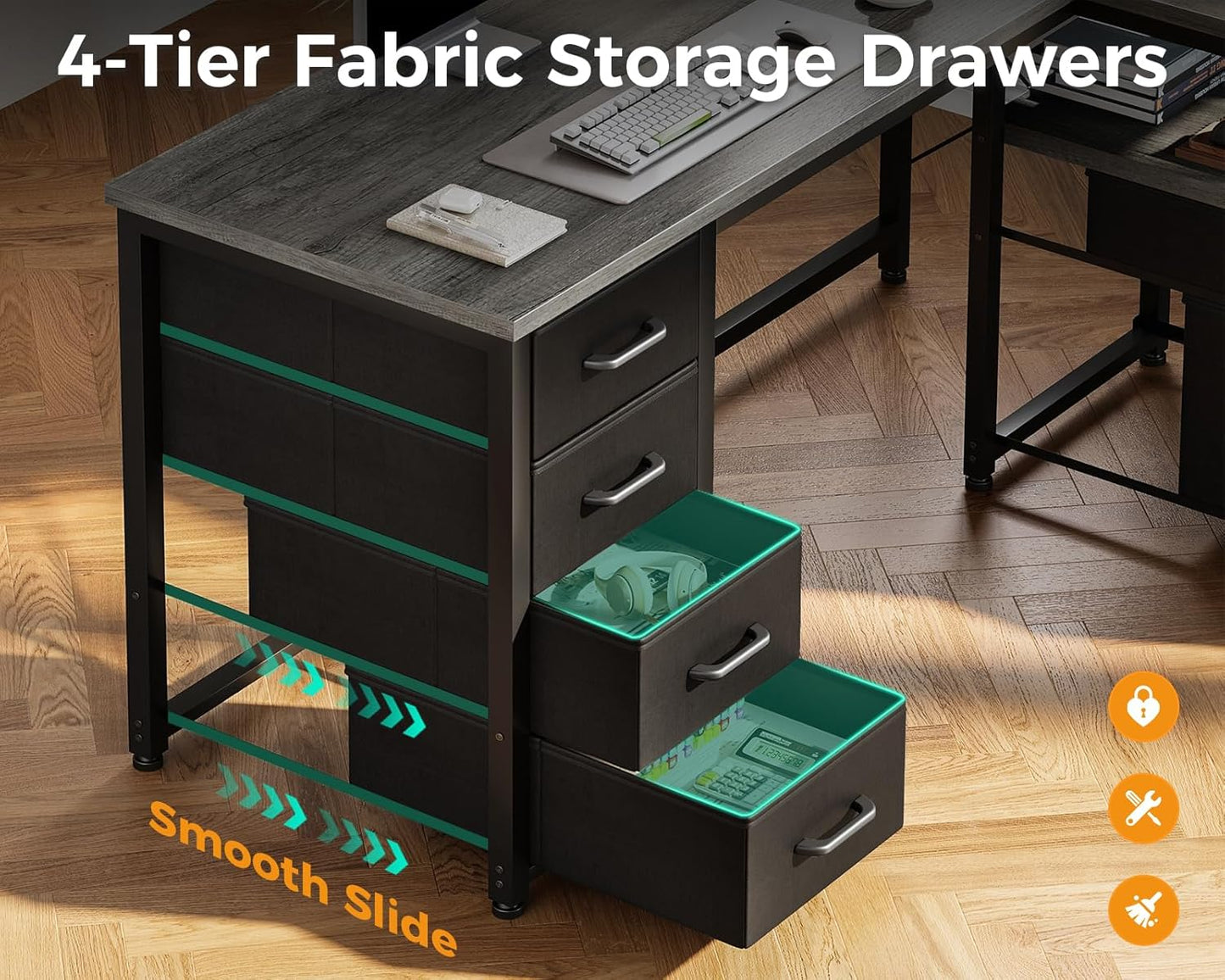 Coleshome L Shaped Computer Desk with 6 Drawers & Power Outlet, 55 Inch Corner Desk with Reversible Storage Shelf & File Drawer, Home Office Desk, Grey Oak