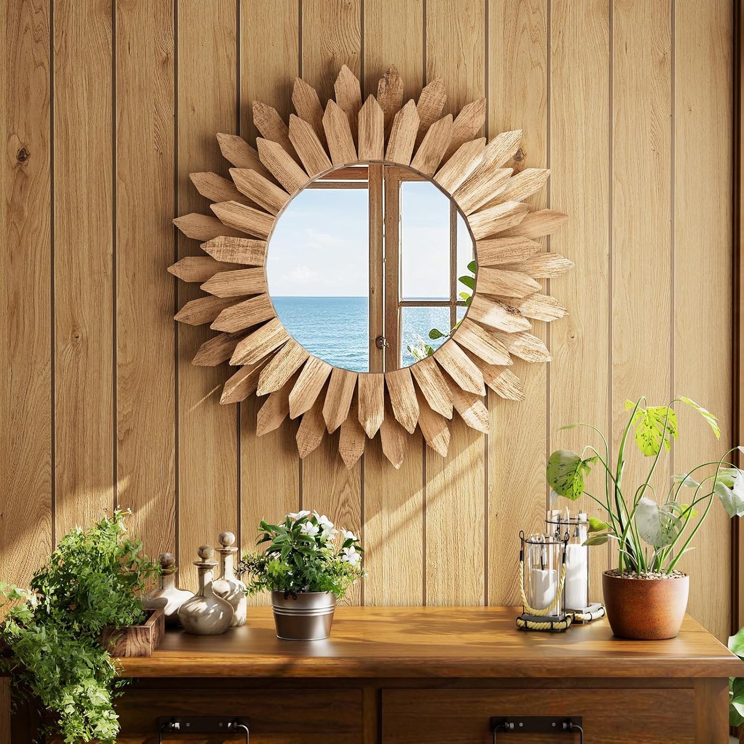 20 Inch Brown Boho Wall Decor Sunburst Mirror - Round Wooden Wall Decor, Handmade Rustic Circular Mirror for Living Room, Bedroom, Entryway, Office