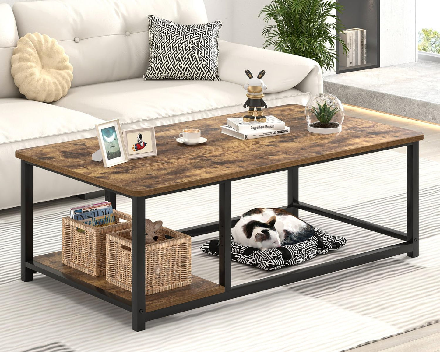 EXCEFUR Modern Coffee Table, Rustic Wood and Metal Living Room Table with Storage Shelf, Industrial Brown, 47 Inch