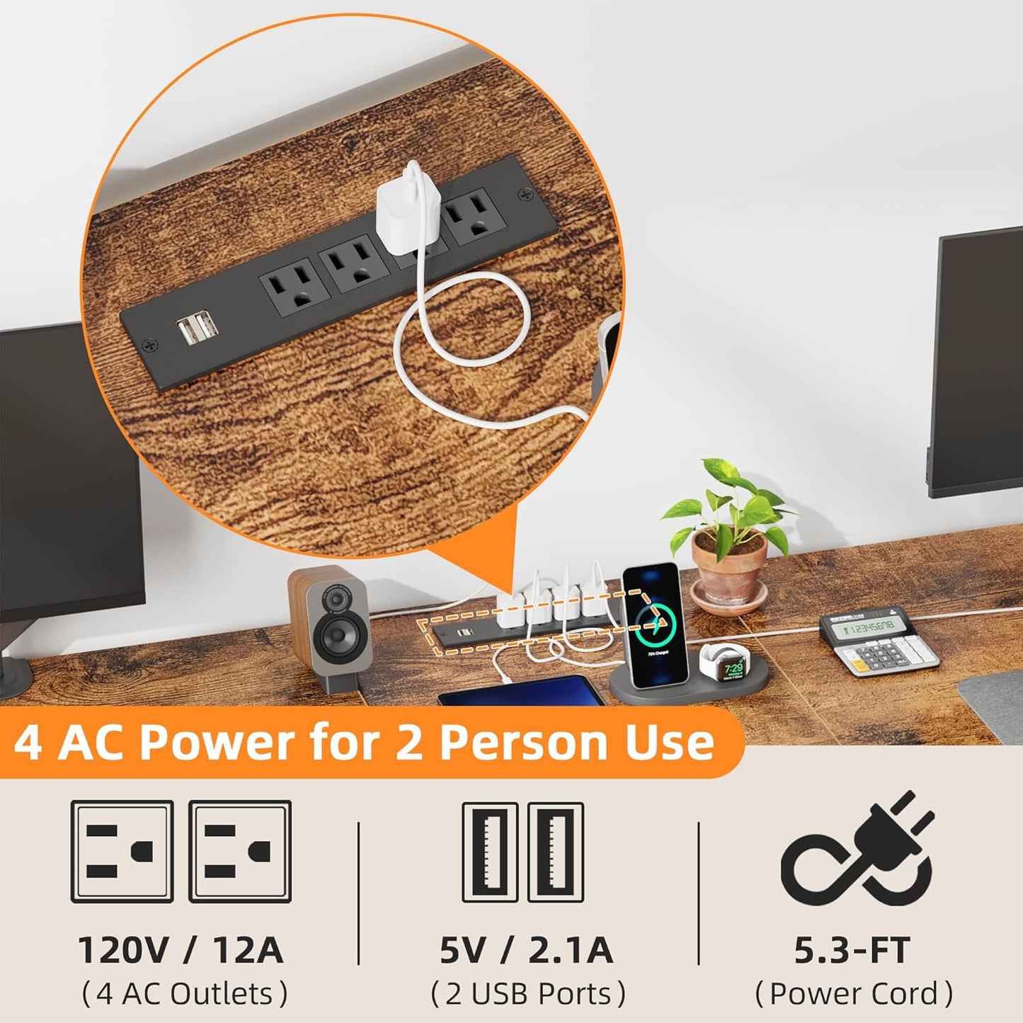T-Shaped 2 Person Desk with Power Outlet, Long Two Person Gaming Table with LED & Fabric Drawers, 81.2'' Computer Desks with File Cabinet, Double Workstation for Home Office, Rustic Brown