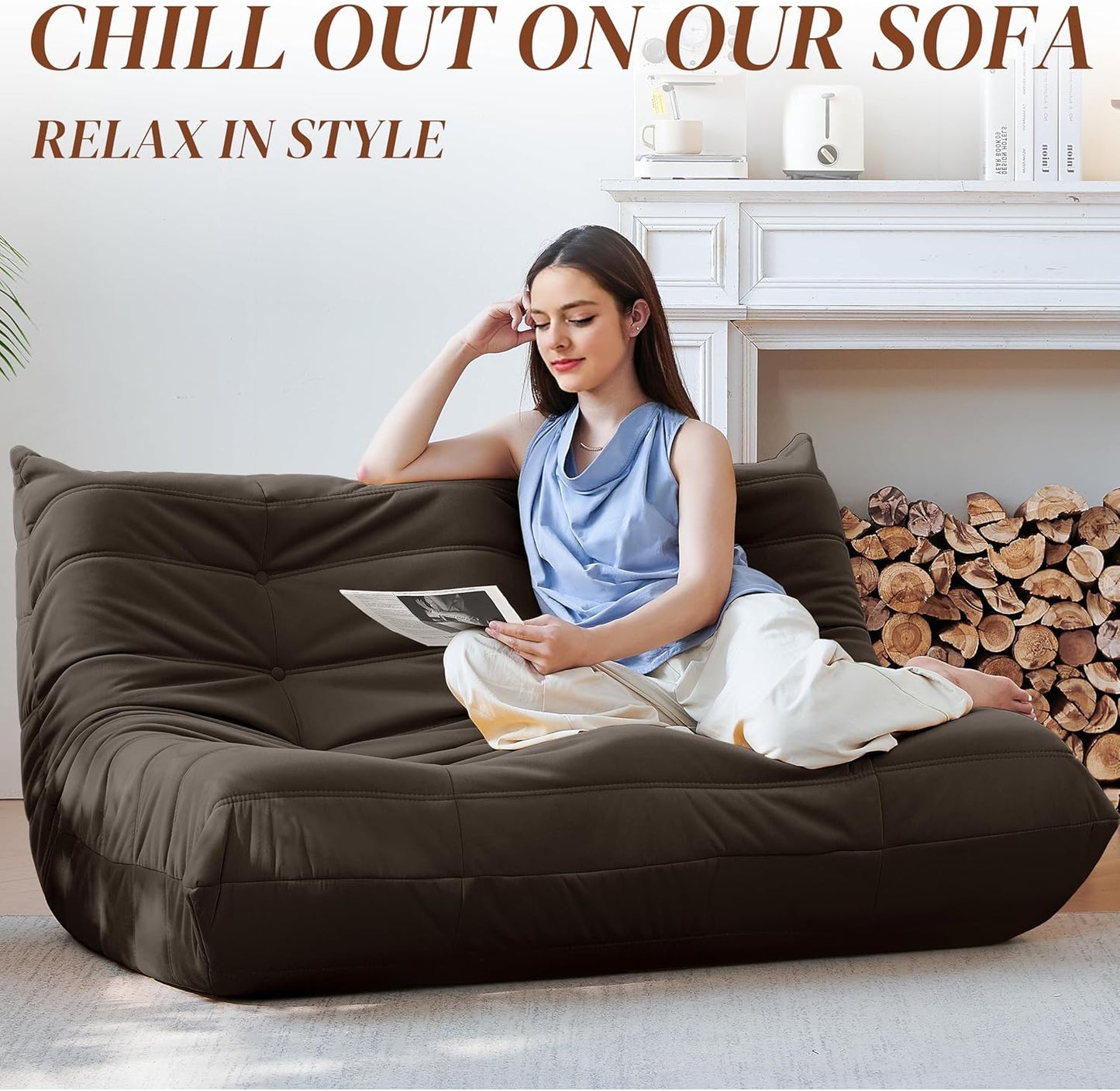 Bean Bag Chair, Loveseat Fireside Chair Bean Bag Sofa for Adults, 2 Seater Bean Bag Chairs for Teens with High-Resilience Foam, Memory Foam Bean Bag for Living Room, Bedroom, Office (Suede, Coffee)