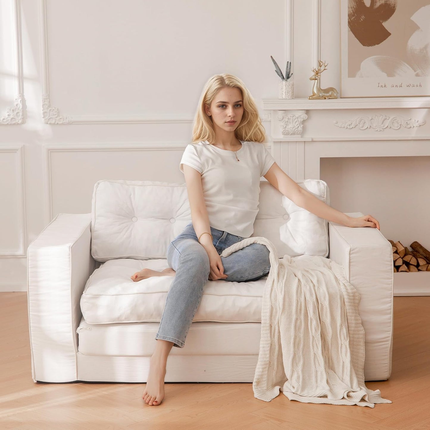 YOSHOOT Loveseat Sleeper Sofa,55" Convertible Sofa Bed Couch Futon Couches for Living Room,3-in-1 Pull Out Floor Couch with Backrest and Pillows