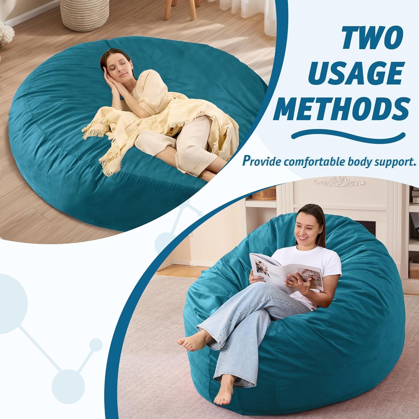 7FT Bean Bag Chair with Ultra Soft Velvet Cover Bean Bag Sofa with Memory Foam Bean Bag Chairs with Large Size Lazy Sofa for Dorm Office Living Room Bedroom Sea Blue 7'