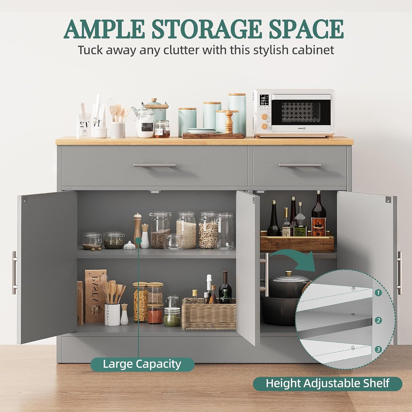 Shintenchi Modern Farmhouse Sideboard Buffet Cabinet with Storage with 3 Doors, 42"Barn Doors Buffet Cabinet with Storage, Wood Coffee Bar Cabinet with Adjustable Shelf for Kitchen, Living Room, Grey