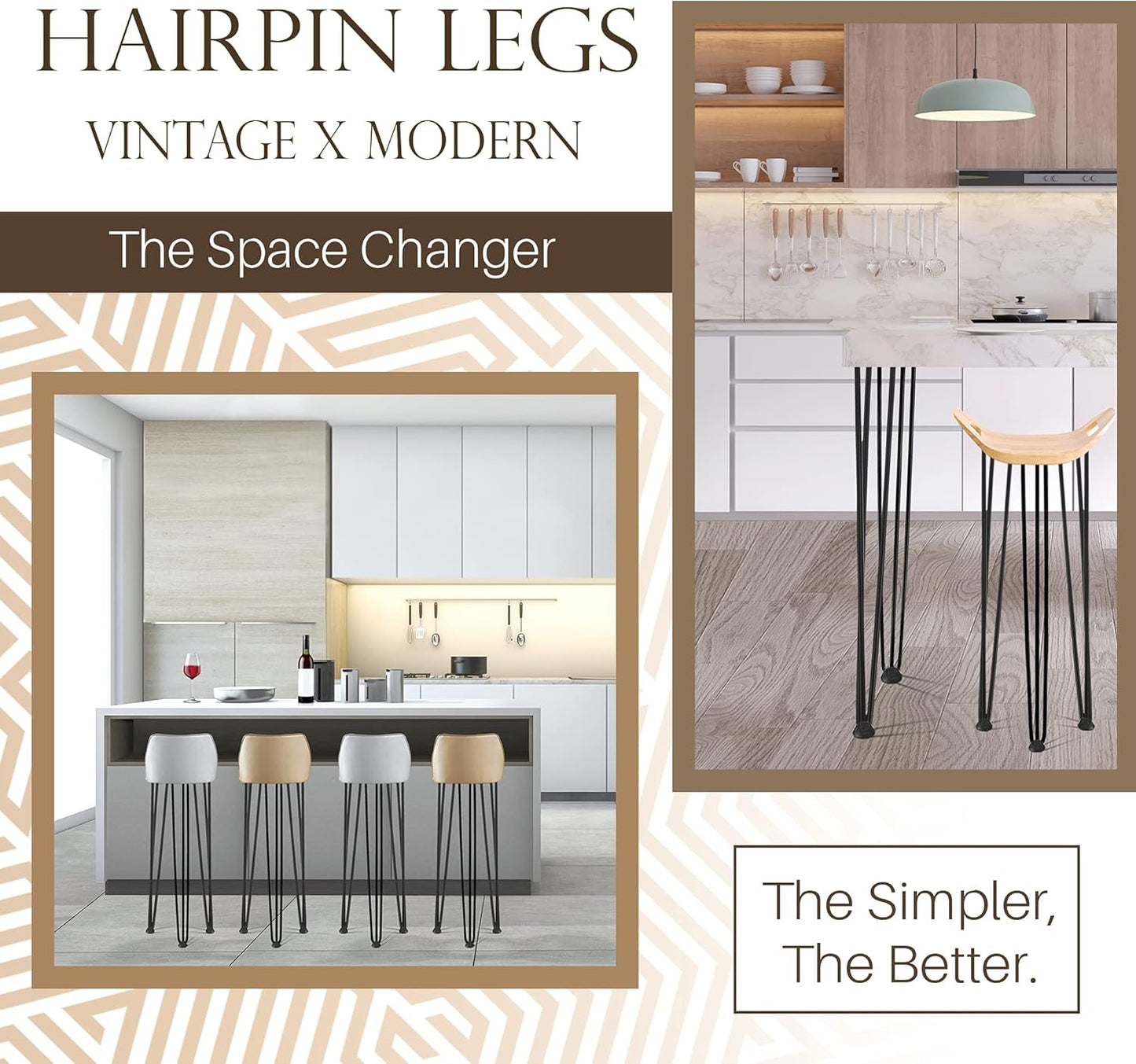 TEN49 Heavy Duty Hairpin Furniture Leg - 34 Inch Industrial Metal Table Legs - 1/2" Extra Thickness 3 Solid Rods Raw Steel Color Leg - Fit for Modern Standing Desk, Console, Bar Height Table Legs