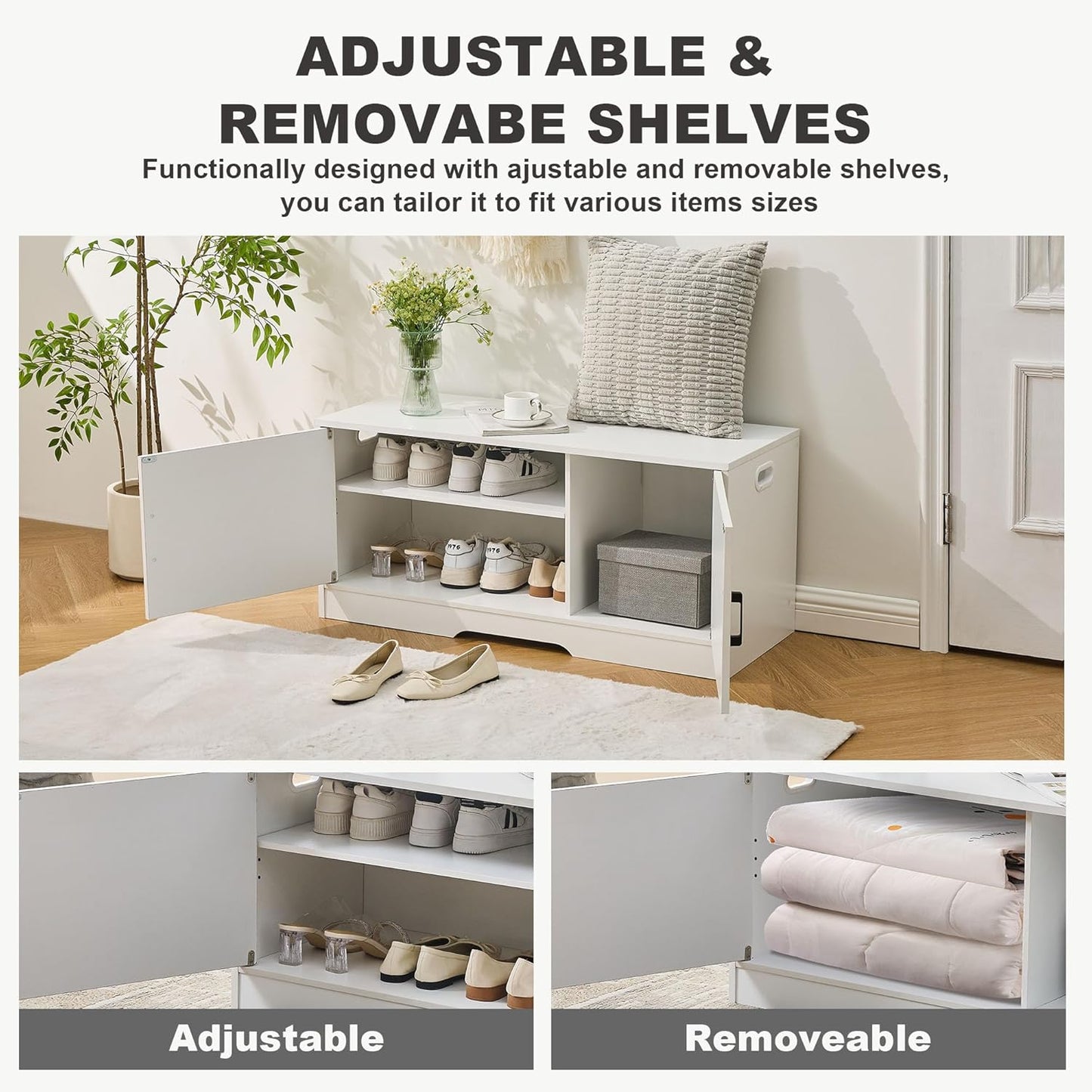 Storage Bench, 39.4" Shoe Bench with Storage, 2 Tier Entryway Bench with 2 Doors, Adjustable Shelf, 39.4" W x 15.8" D x 18.1" H, Holds up to 330lbs for Entryway Living Room Bedroom Hallway, White