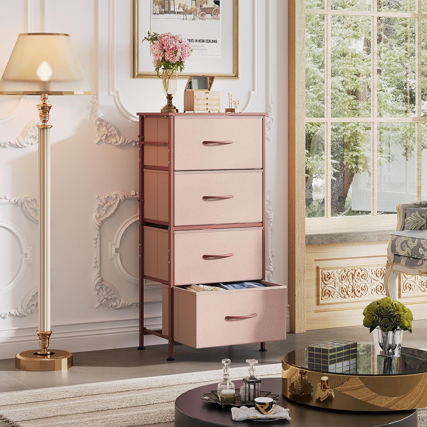 WLIVE 4 Drawers Dresser for Bedroom, Pink Rose Gold Fabric Clothes Storage Organizer Unit, Dresser for Hallway, Entryway, Closets, Sturdy Steel Frame, Wood Top