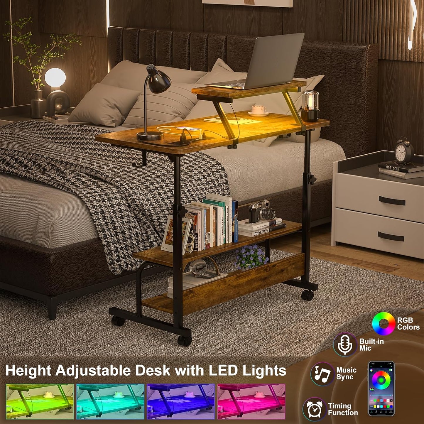 Height Adjustable Standing Desk with Power Outlets and LED Lights - 32" Manual Stand Up Desk with Monitor Stand and Storage Shelves Small Mobile Rolling Computer Desk Portable Laptop Table, Rustic