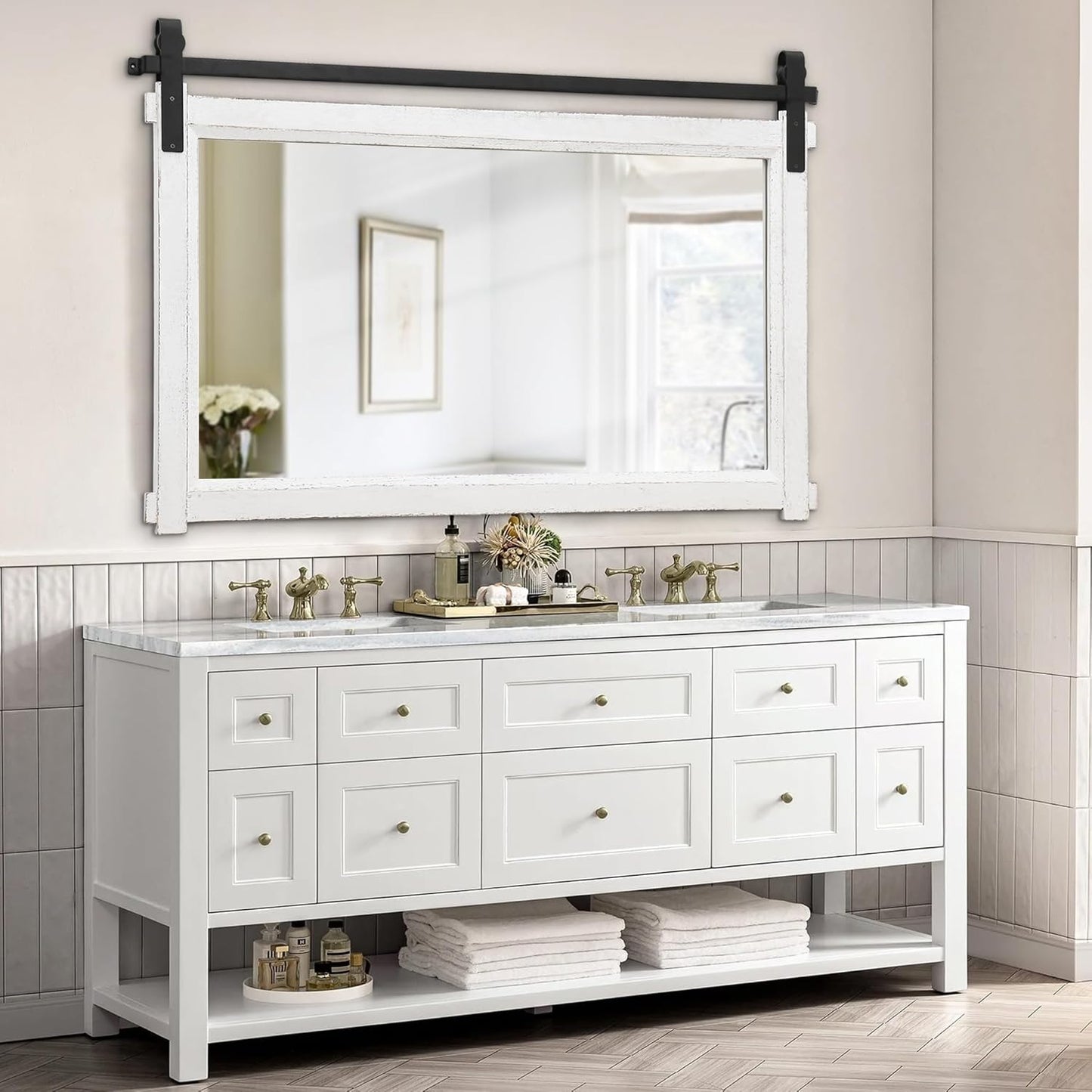 Bathroom Barn Door Mirror: 42"x28" White Farmhouse Wood Frame - Rustic Wall Mirror for Entryway/Living Room Wall Decor