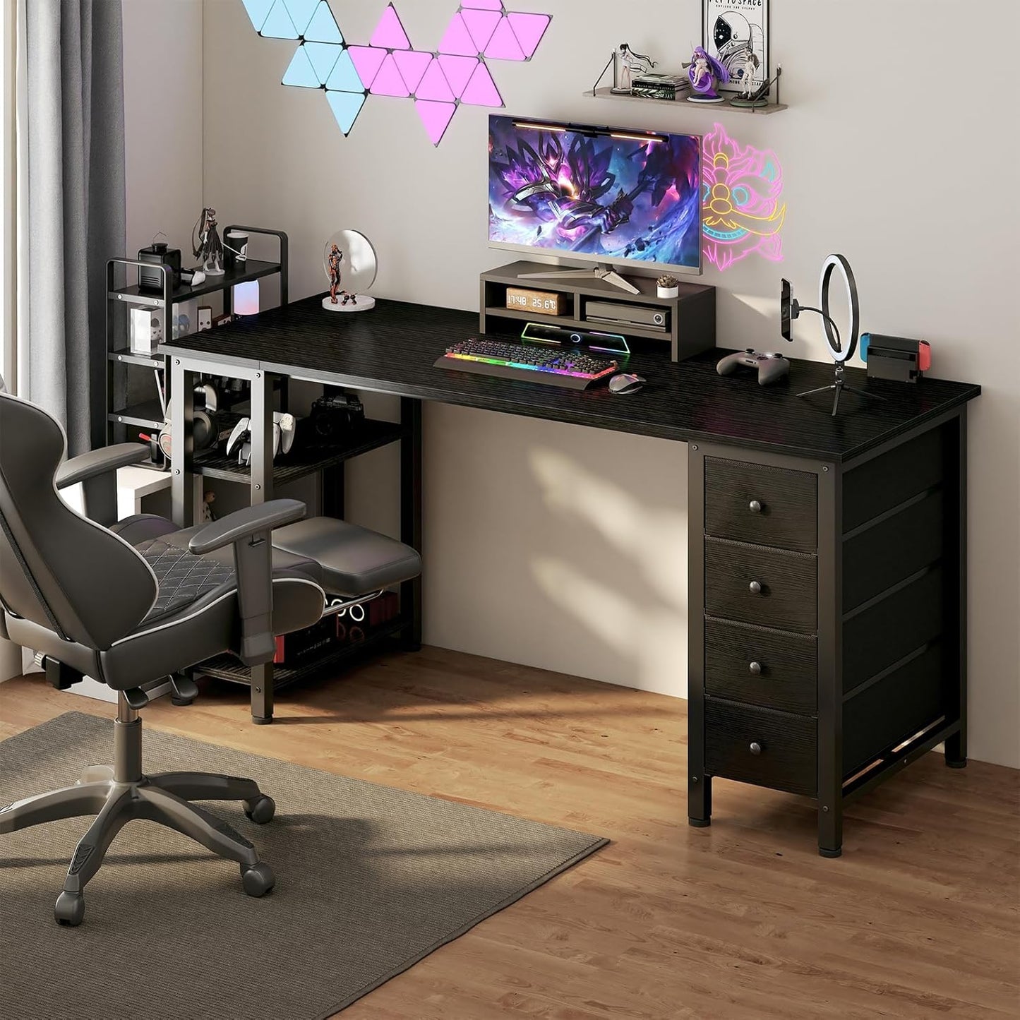 Lufeiya Gaming Desk with 4 Fabric Drawers & Storage Shelves, 63 inch Computer Writing Work Study Desk for Home Office Bedroom, Modern Simple Student PC Desks Table, Black