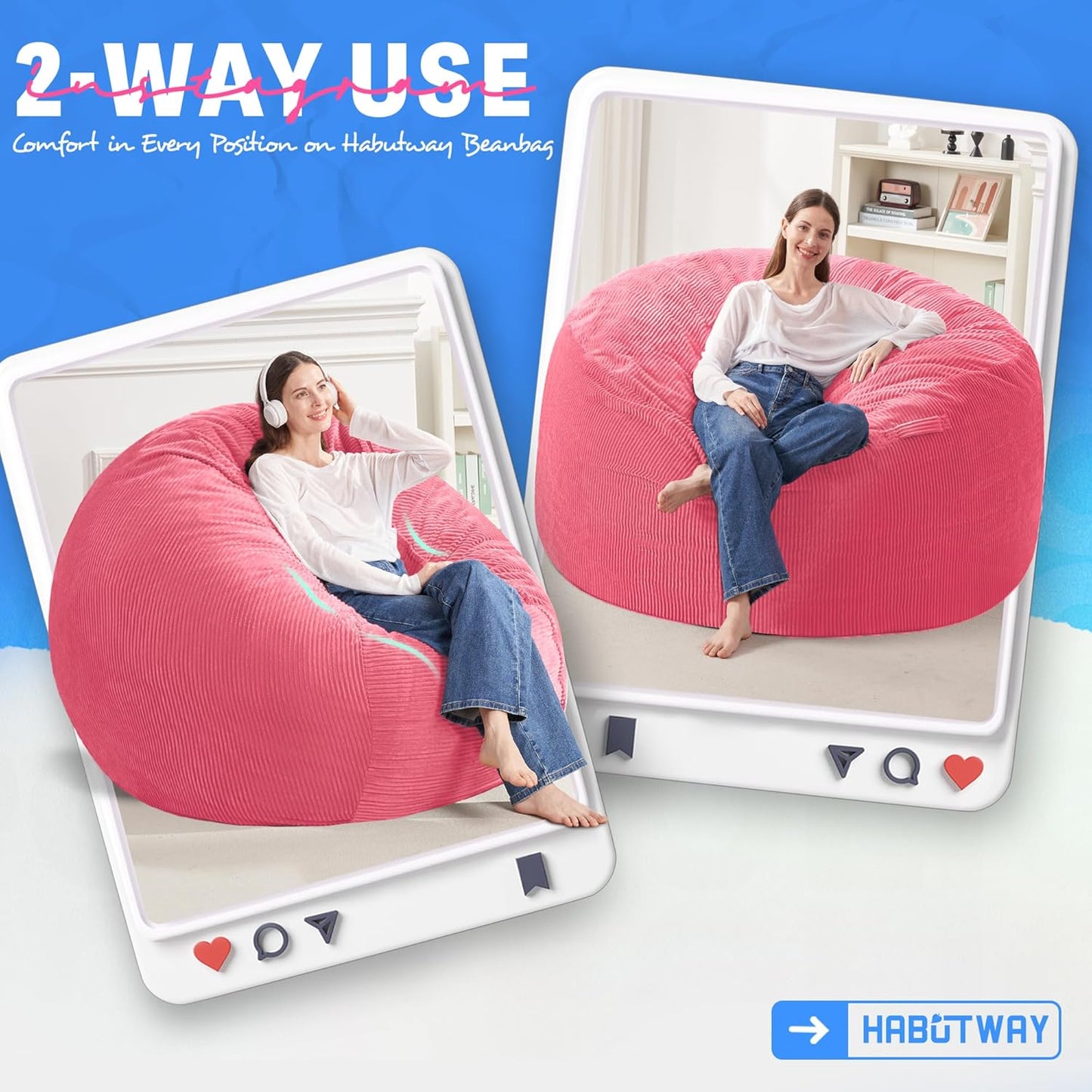 HABUTWAY 4FT Bean Bag Chair,Giant Bean Bag Chairs for Adults,Big Bean Bags with Memory Foam Filled, Large Beanbag Chairs with Soft Corduroy Cover-Pink