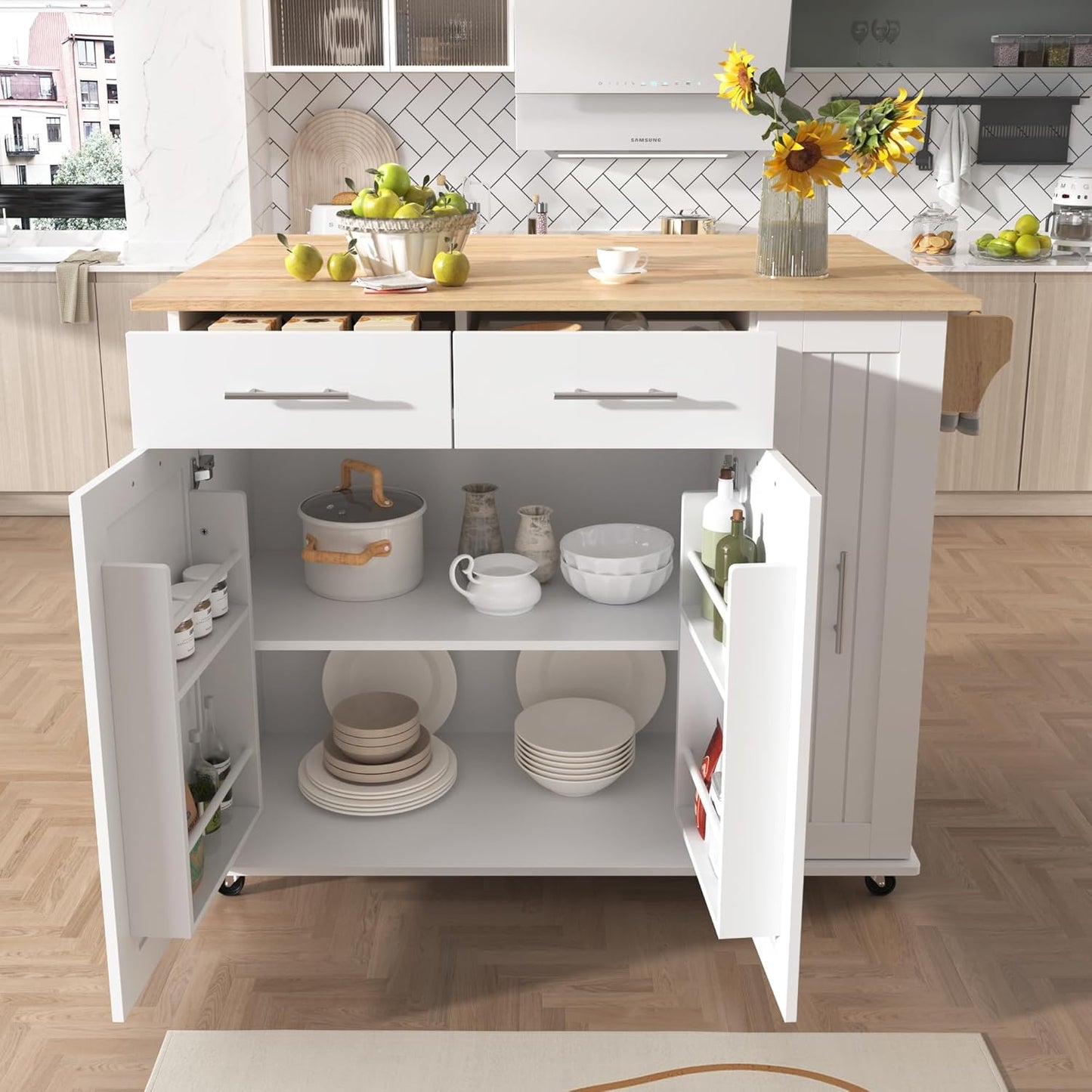 46" Kitchen Island with Drop Leaf,Kitchen Storage Cart W/ 3 Tier Pull Out Cabinet Organizer & Internal Storage Rack,Rolling Kitchen Cart on Wheels W/Towel Rack & 2 Drawers,for Kitchen,White