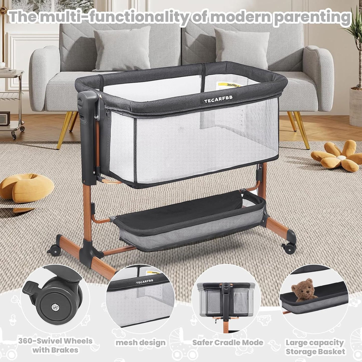 Baby Bassinet, 3 in 1 Bedside Sleeper for Newborn, Bedside Bassinet for Baby with 6 Adjustable Height, Soft Mattress, Compact, Easy to Fold