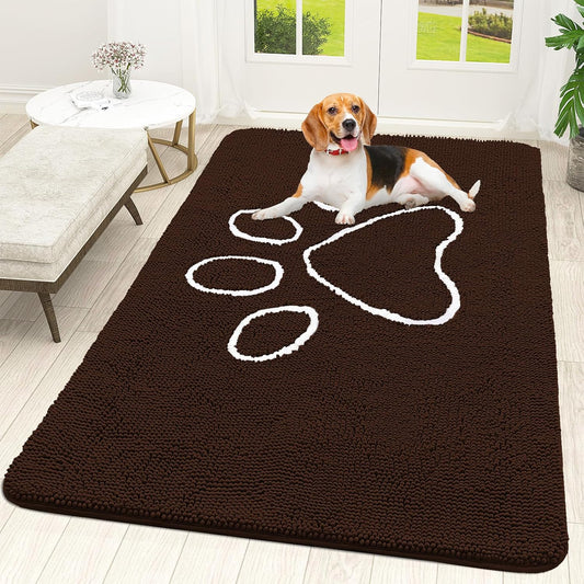 OLANLY Door Mat for Muddy Dog Paws 59x35, Ultra Absorbent Chenille Mud Doormat with Paw Print Design, Non-Slip Washable Doormat for Indoor Entryway, Quick-Dry Pet Bed Mats for Dirty Dogs, Brown