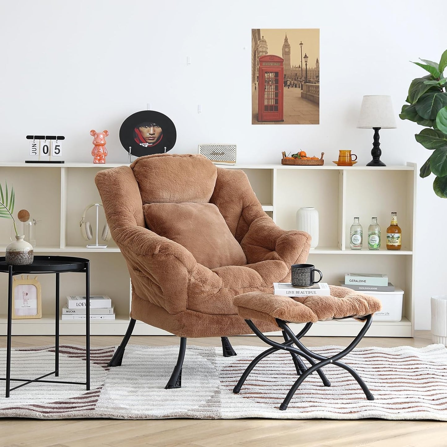 Lazy Chair with Ottoman, Comfy Reading Lounge Chair with Footstool & Throw Pillow Modern with Armrests & Side Pocket for Living Room, Bedroom, Dorm Room, Plush Brown