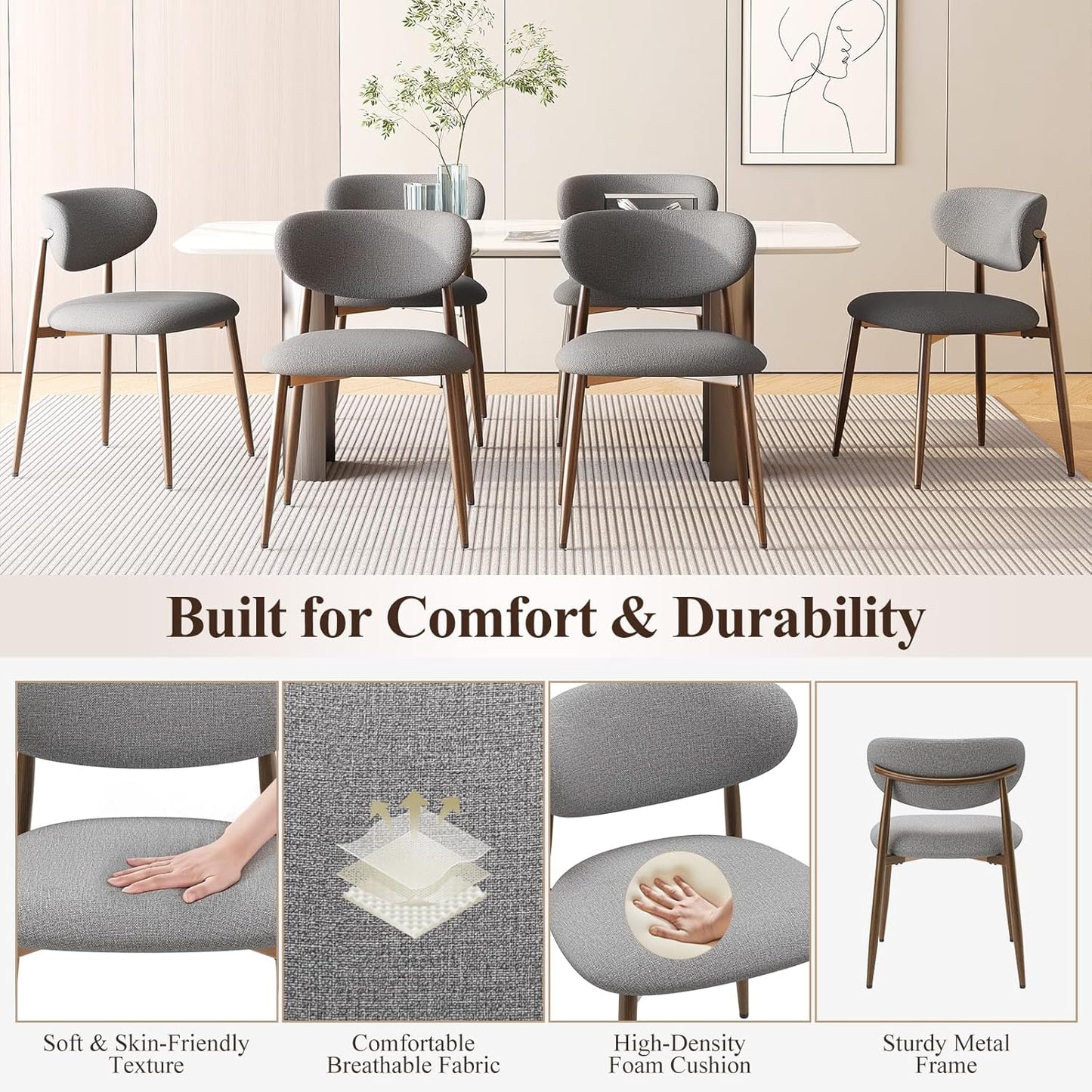 Dining Chairs Set of 6, Ergonomic Fabric Upholstered Seating with Wood Look Metal Legs and Anti Slip Pads, for Home and Restaurant Use, Light Grey