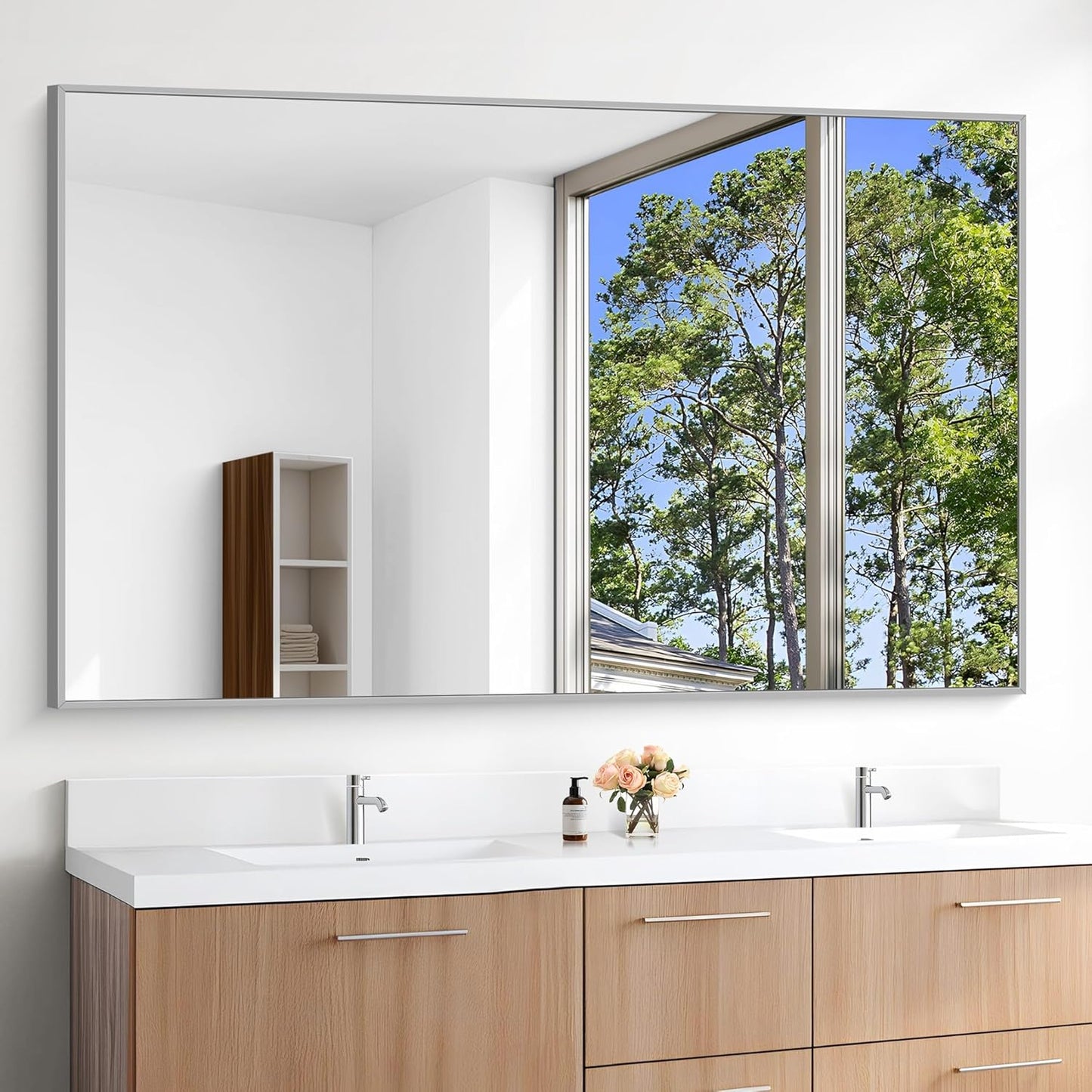 KOCUUY Large Silver Bathroom Mirror, 60x36 inch Rectangular Mirror for Bathroom Sink, Oversized Mirror with Metal Brushed Nickel Frame for Living Room, Farmhouse, Entryway, Hang Horizontal/Vertical