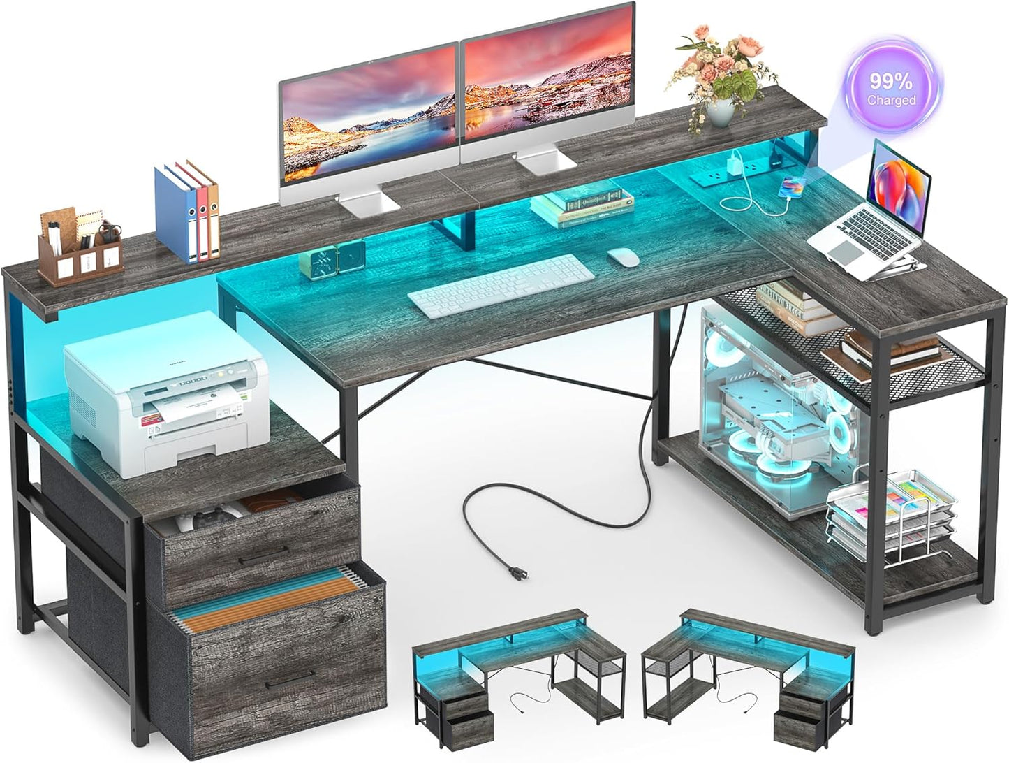 Aheaplus L Shaped Desk with File Drawer, Reversible L Shaped Computer Desk Gaming Desk with Power Outlet & LED Strip, Home Office Desk with Monitor Shelf, Corner Desk with Storage Shelves, Grey Oak