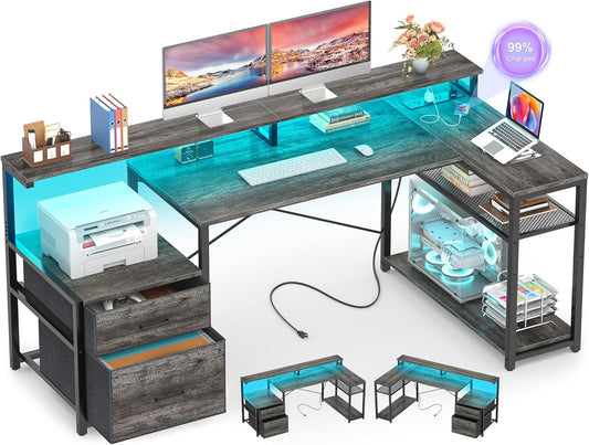 Aheaplus L Shaped Desk with File Drawer, Reversible L Shaped Computer Desk Gaming Desk with Power Outlet & LED Strip, Home Office Desk with Monitor Shelf, Corner Desk with Storage Shelves, Grey Oak