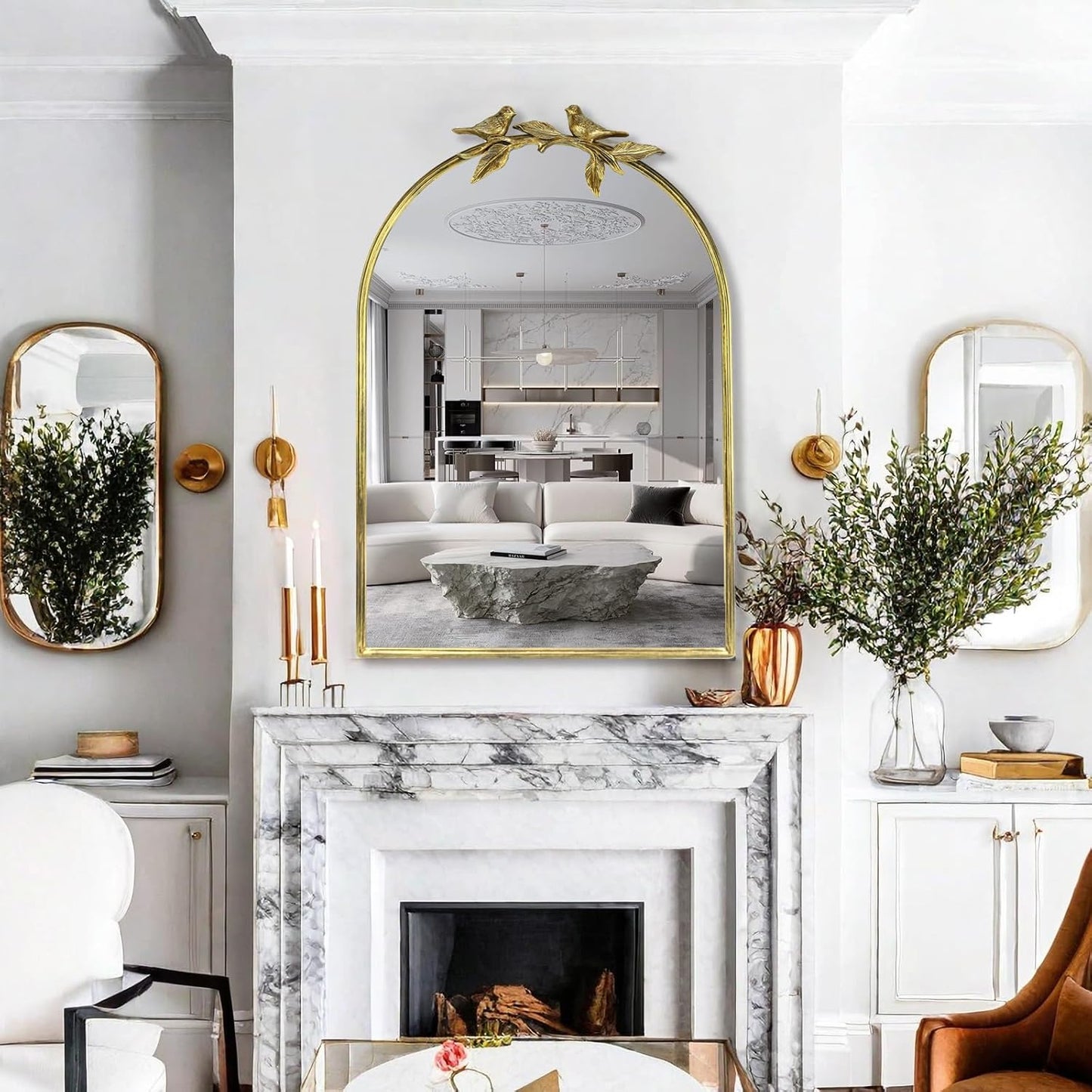 Gold Vintage Mirror for Vanity 24x35 Inch Gold Antique with Ornate Frame, Arched Vintage Wall for Bathroom, Living Room, Fireplace, Entryway