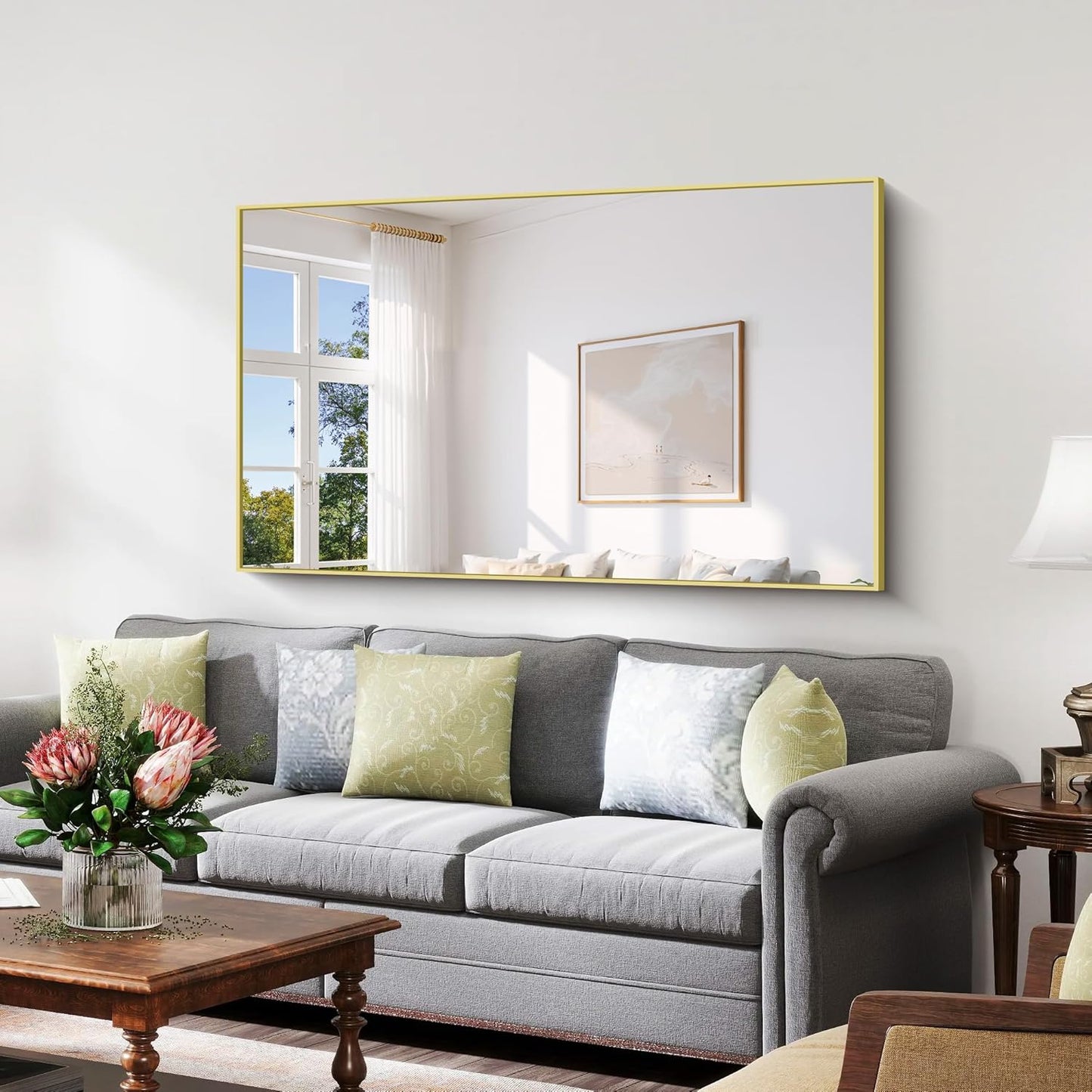 YIROMAN Bathroom Mirror 60"x36", Large Brushed Gold Bathroom Mirror for Over Sink with Aluminum Frame, Rectangular Vanity Mirror with Right Angle, Wall Mirror Hangs Horizontal or Vertical